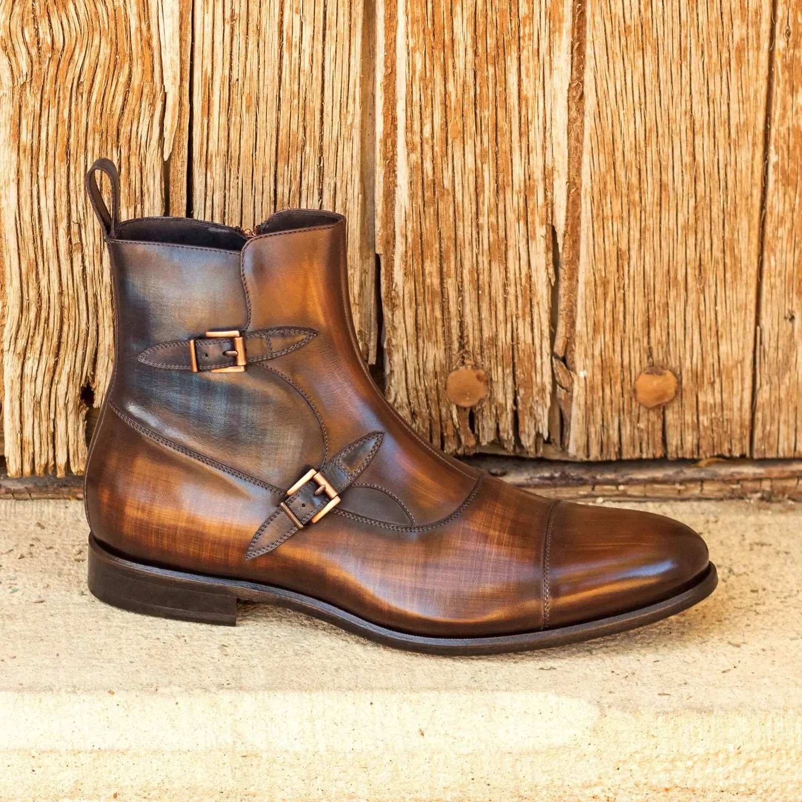 DapperFam Octavian in Brown / Denim Men's Hand-Painted Patina Buckle Boot