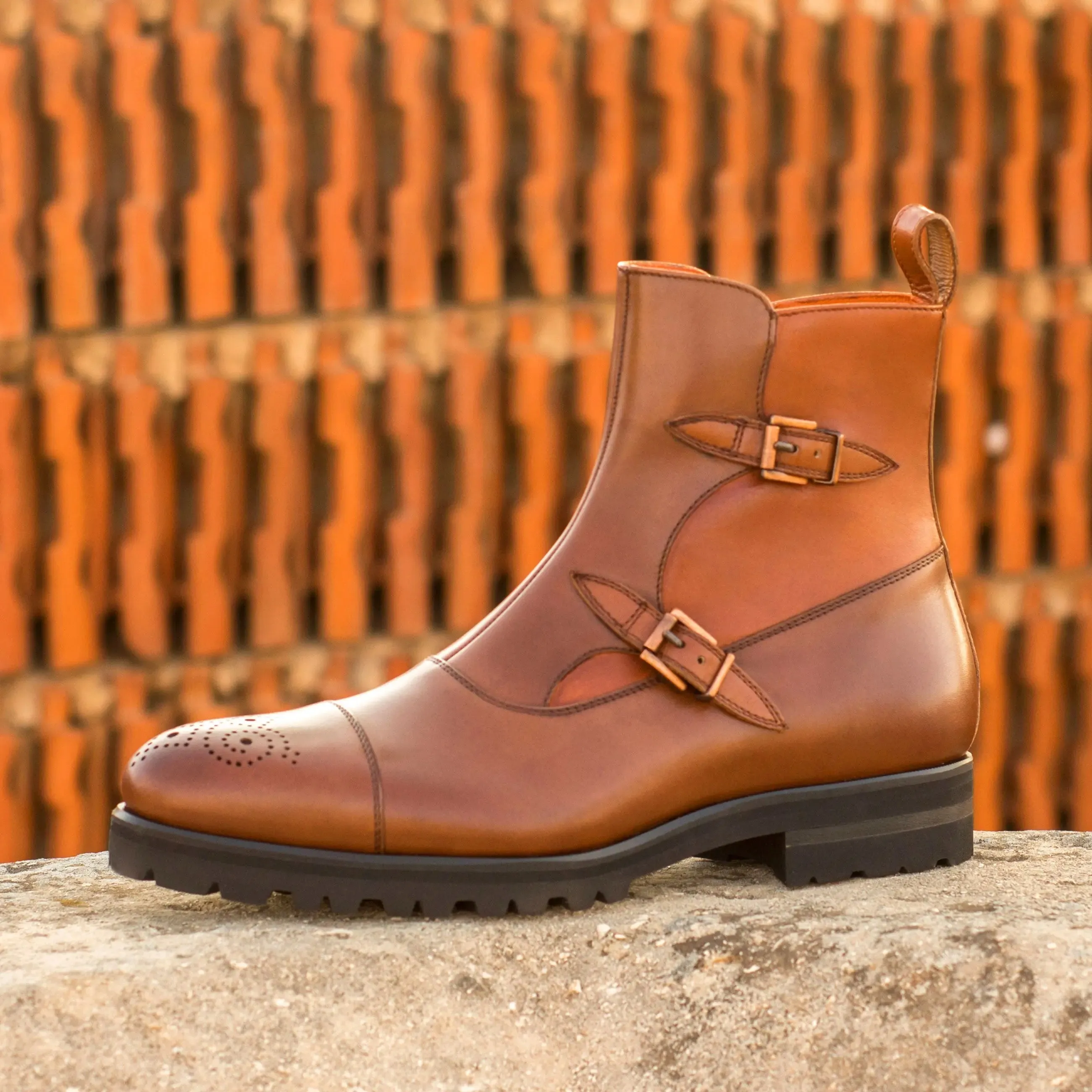 DapperFam Octavian in Cognac / Med Brown Men's Italian Leather Buckle Boot
