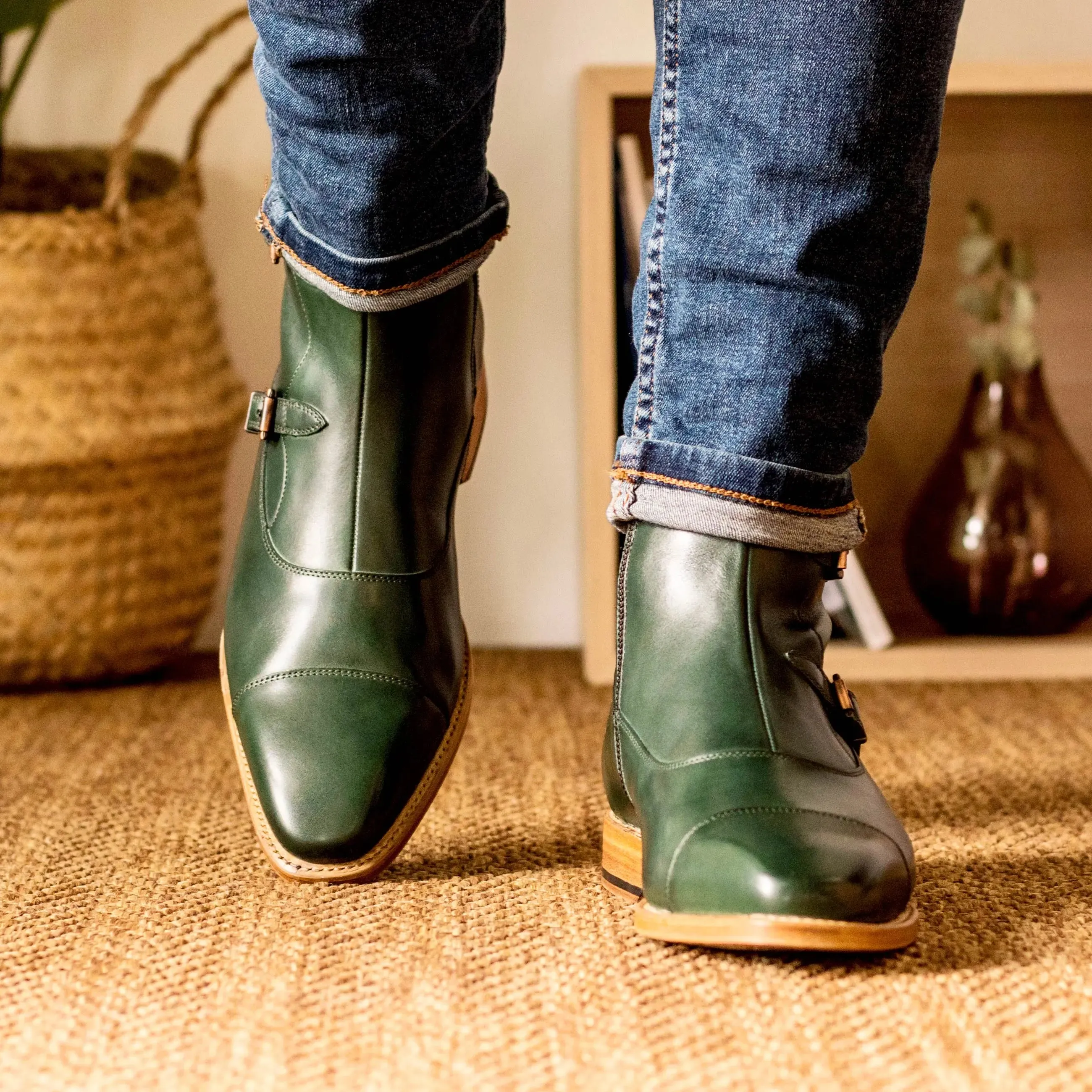 DapperFam Octavian in Forest Men's Italian Leather Buckle Boot