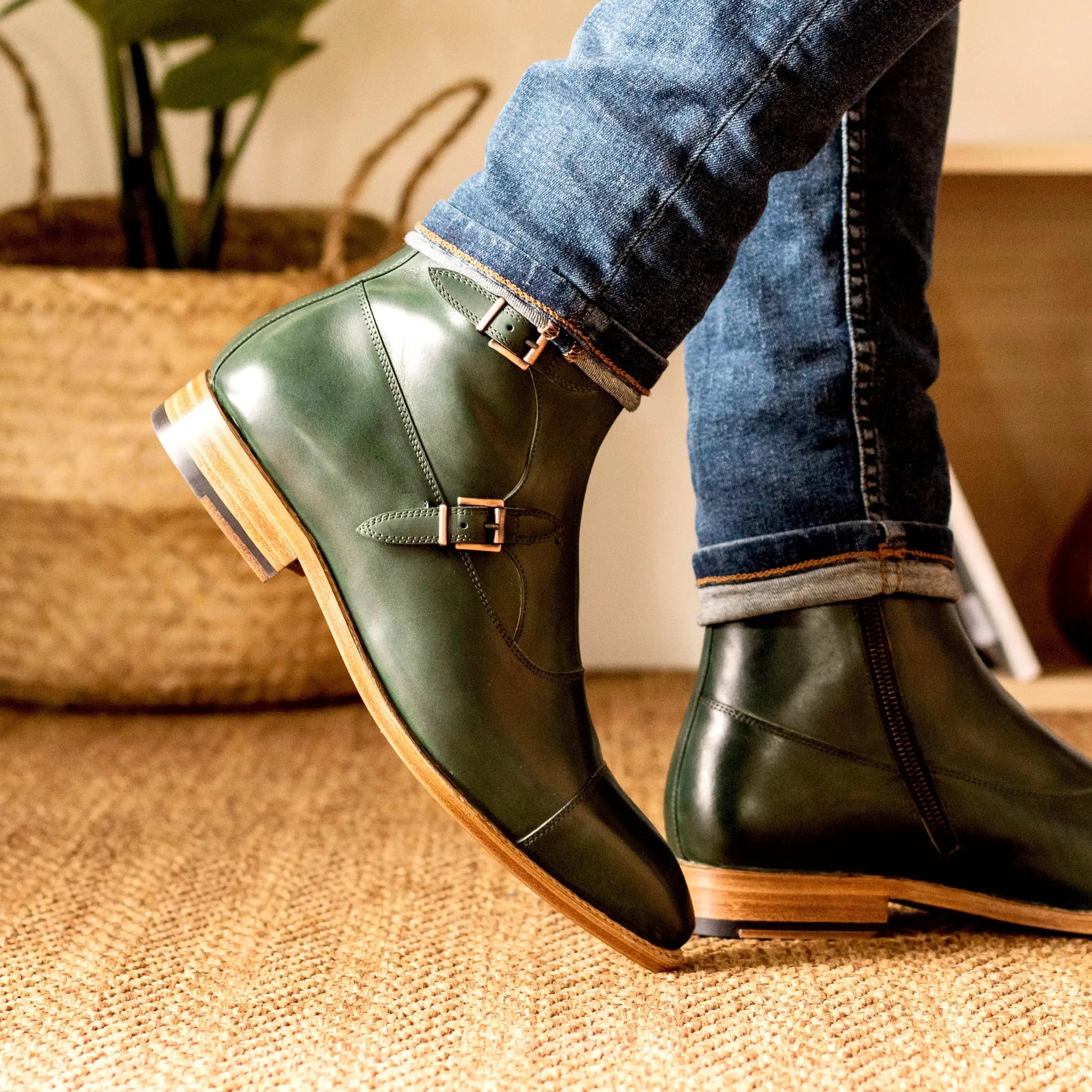 DapperFam Octavian in Forest Men's Italian Leather Buckle Boot