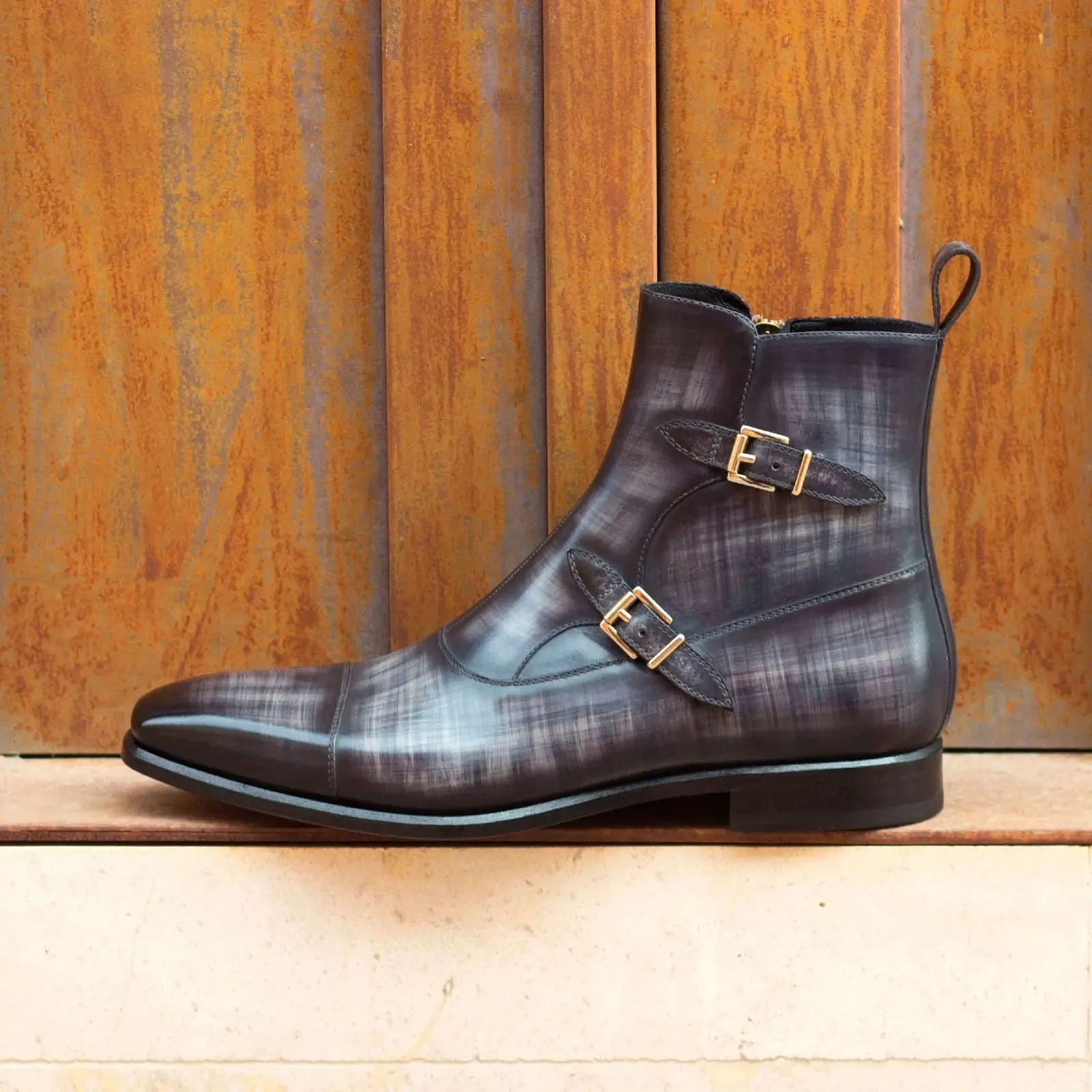 DapperFam Octavian in Grey Men's Hand-Painted Patina Buckle Boot