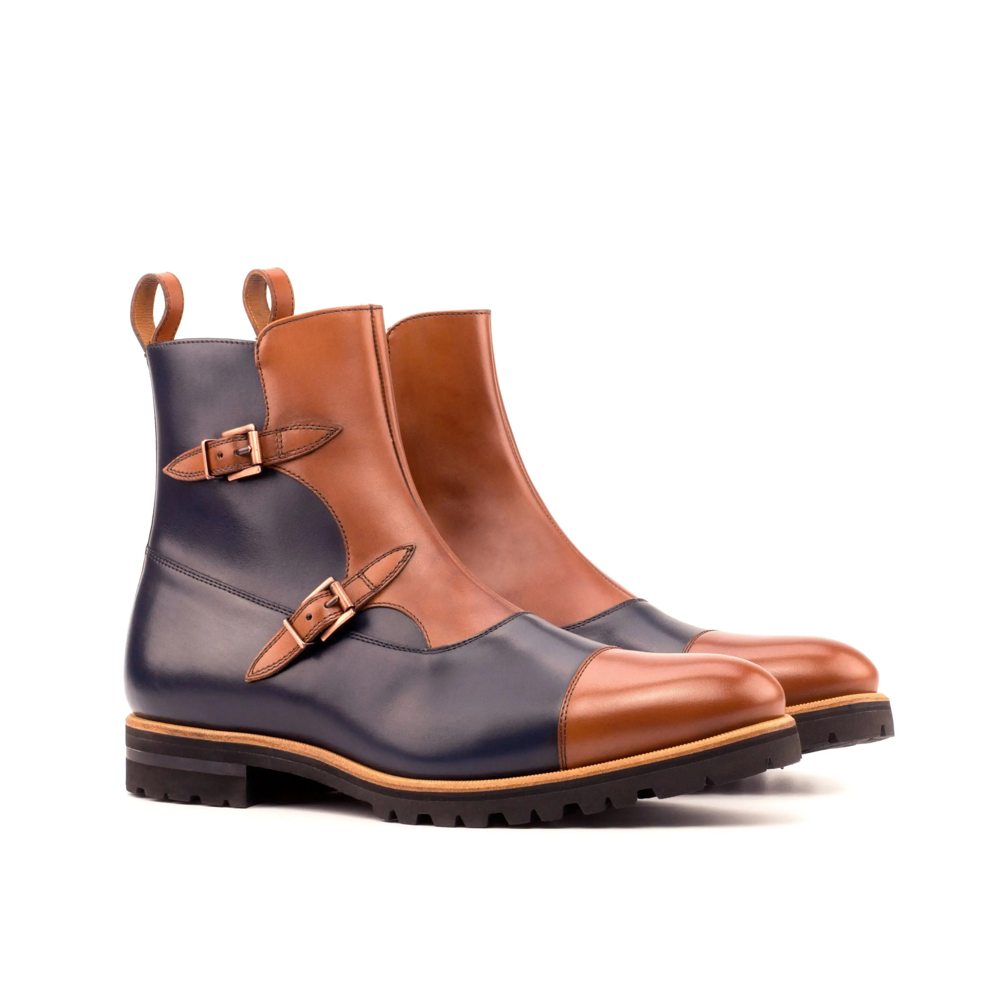 DapperFam Octavian in Med Brown / Navy Men's Italian Leather Buckle Boot