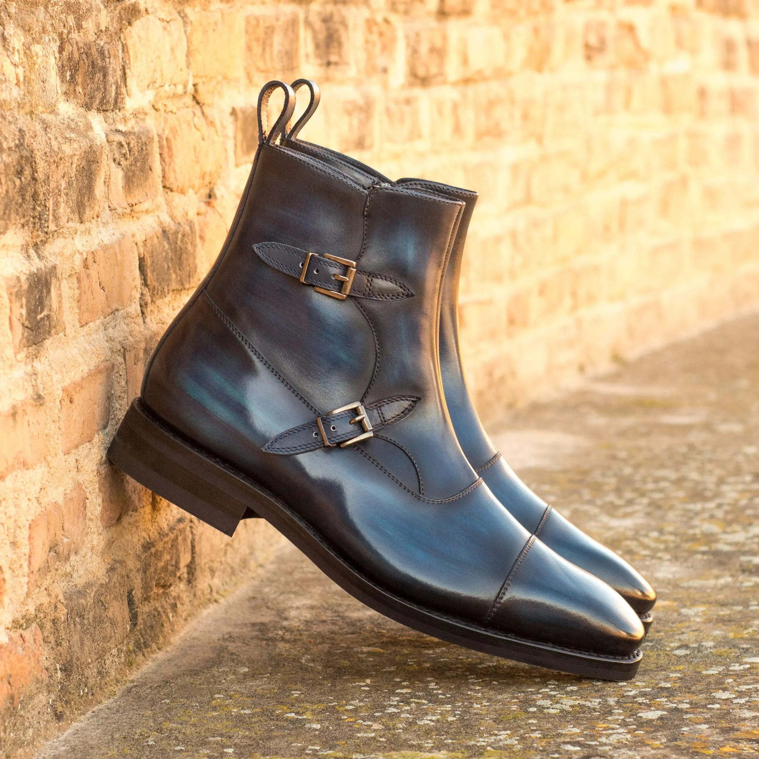 DapperFam Octavian in Navy / Denim Men's Italian Leather & Hand-Painted Patina Buckle Boot