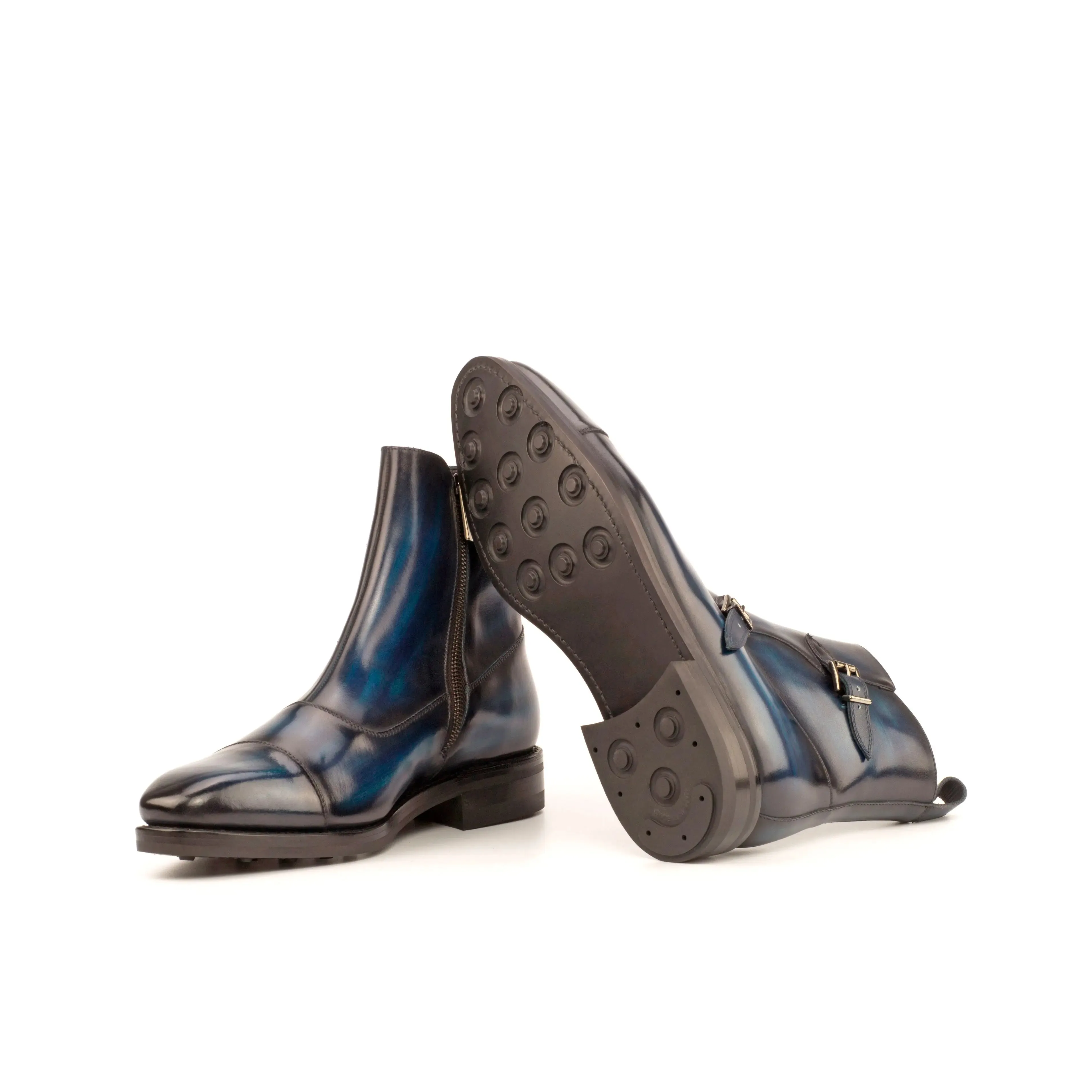 DapperFam Octavian in Navy / Denim Men's Italian Leather & Hand-Painted Patina Buckle Boot