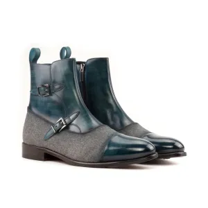 DapperFam Octavian in Turquoise / Light Grey Men's Flannel & Hand-Painted Patina Buckle Boot