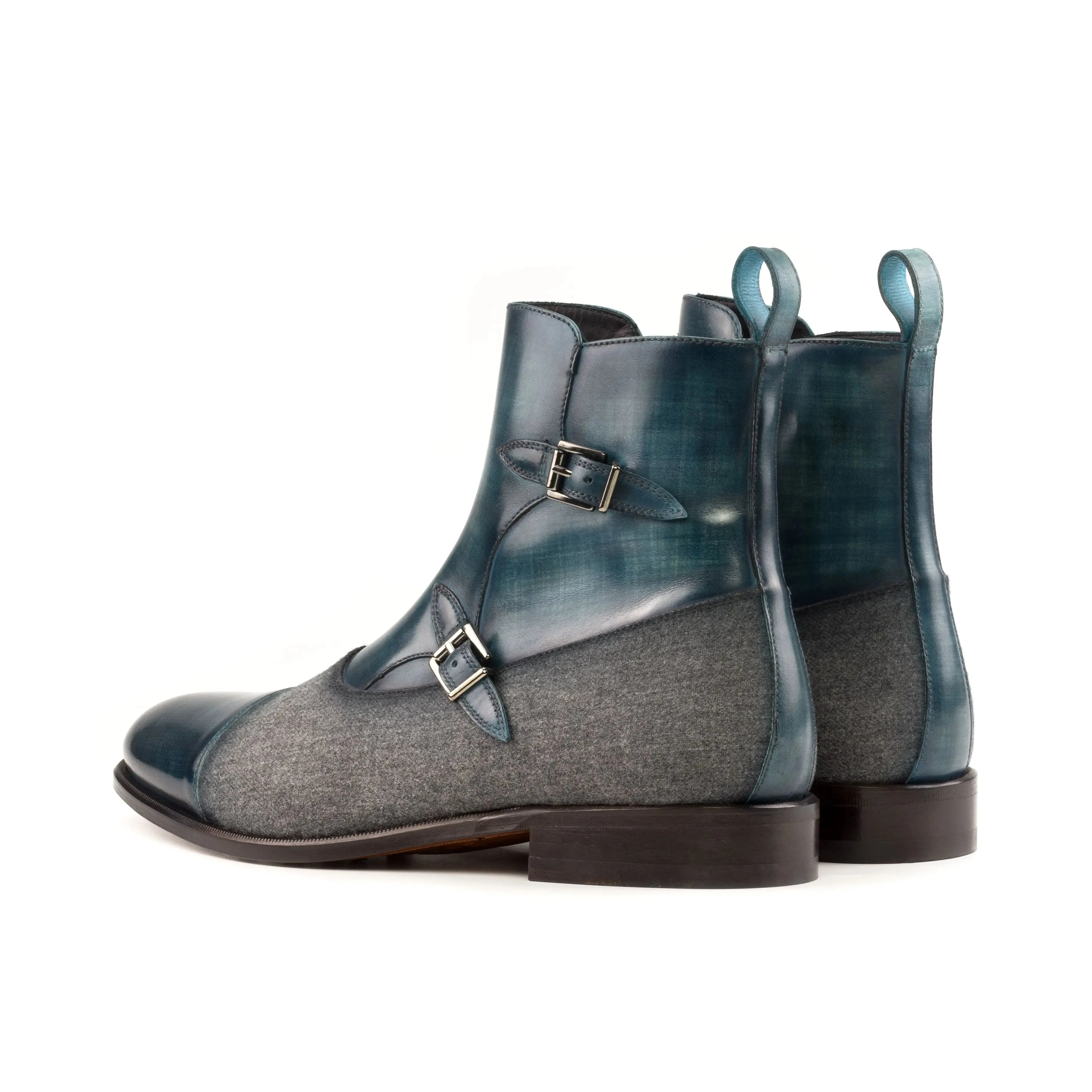 DapperFam Octavian in Turquoise / Light Grey Men's Flannel & Hand-Painted Patina Buckle Boot