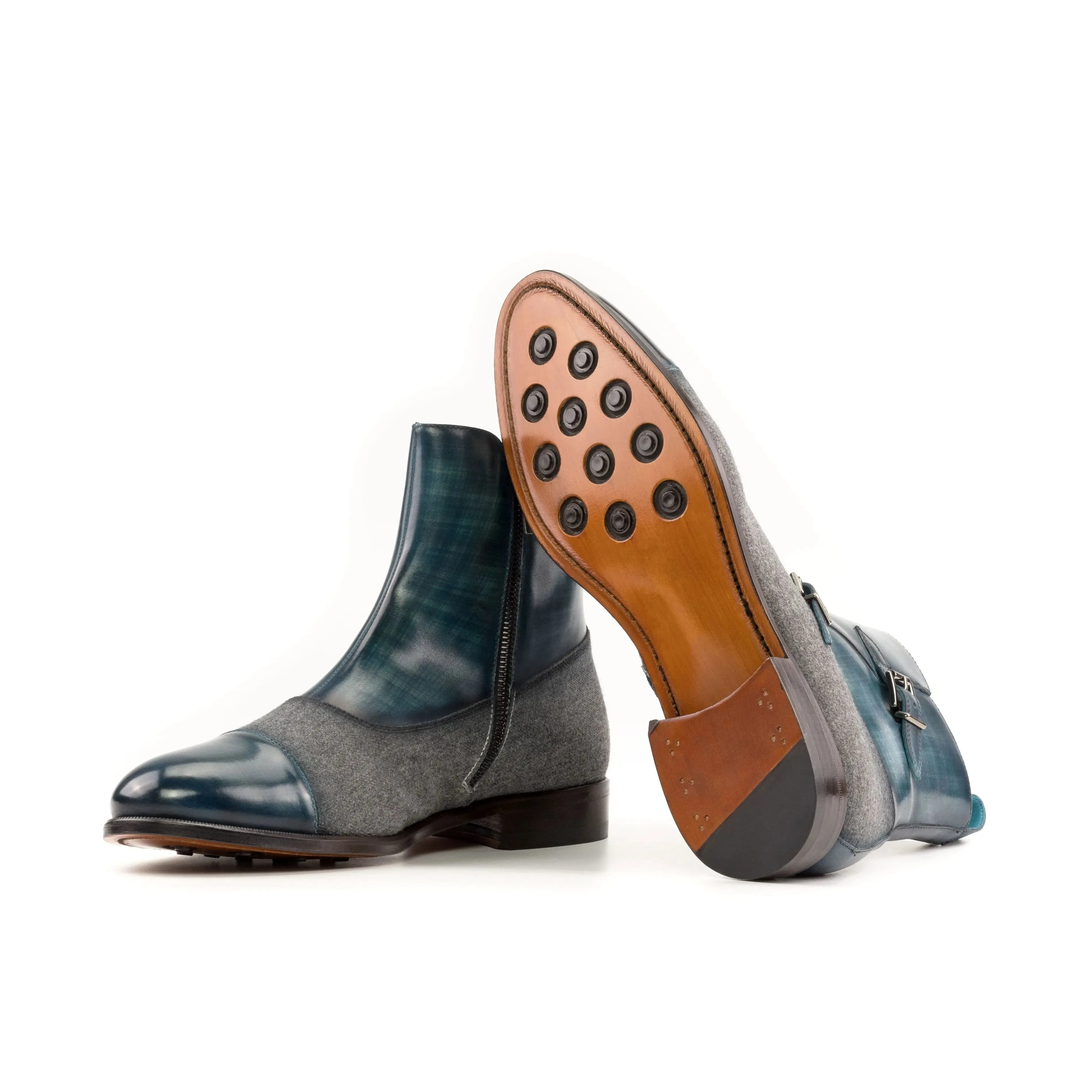 DapperFam Octavian in Turquoise / Light Grey Men's Flannel & Hand-Painted Patina Buckle Boot