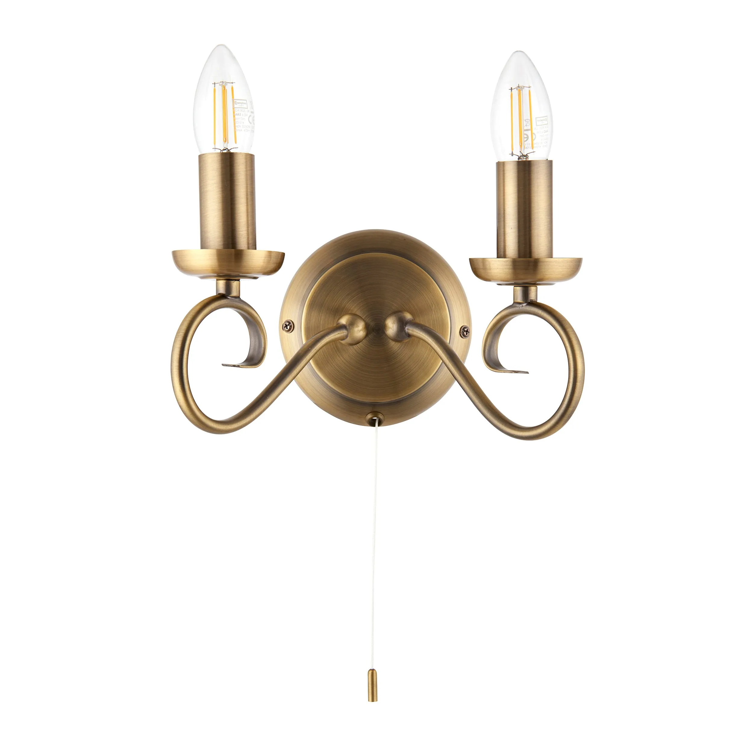 Endon 180-2AN Trafford 2lt Wall Antique brass plate 2 x 60W E14 candle (Required)