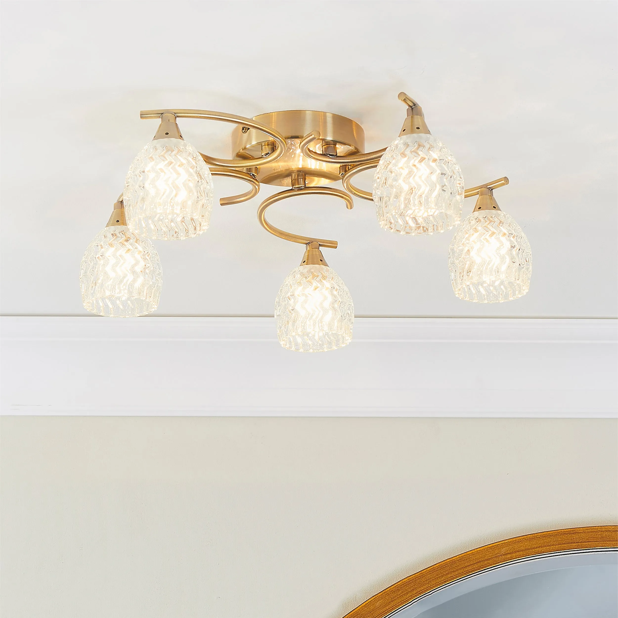 Endon BOYER-5AB Boyer 5lt Semi flush Antique brass plate & clear glass 5 x 33W G9 clear capsule (Required)