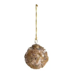 Glass Ball Ornament with Gold Beaded Flowers