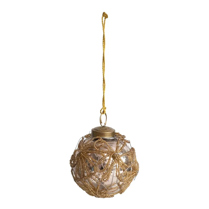 Glass Ball Ornament with Gold Beaded Flowers