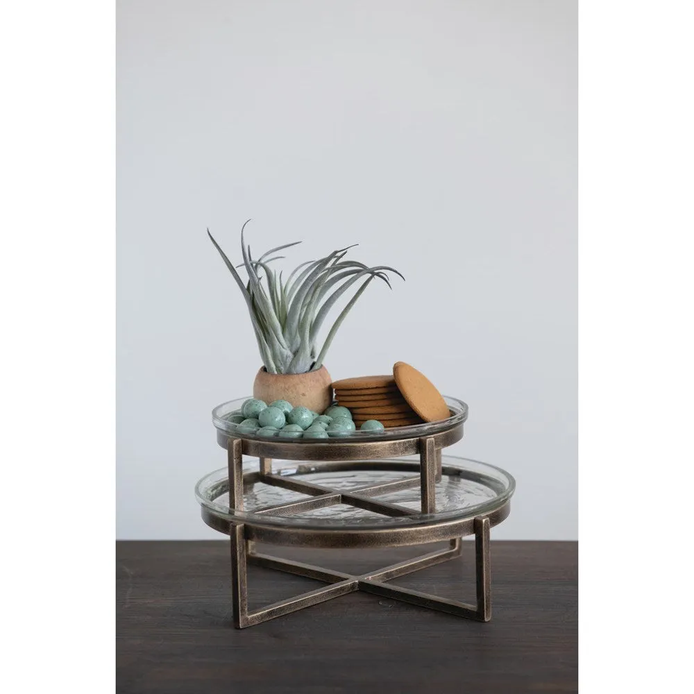 Glass Serving Tray with Metal Stand - 2 pc set