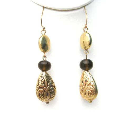GOLD BROWN SCROLL PATTERN DROP EARRINGS  #SE19017_GLD-BRW (RC12/R-RH7)