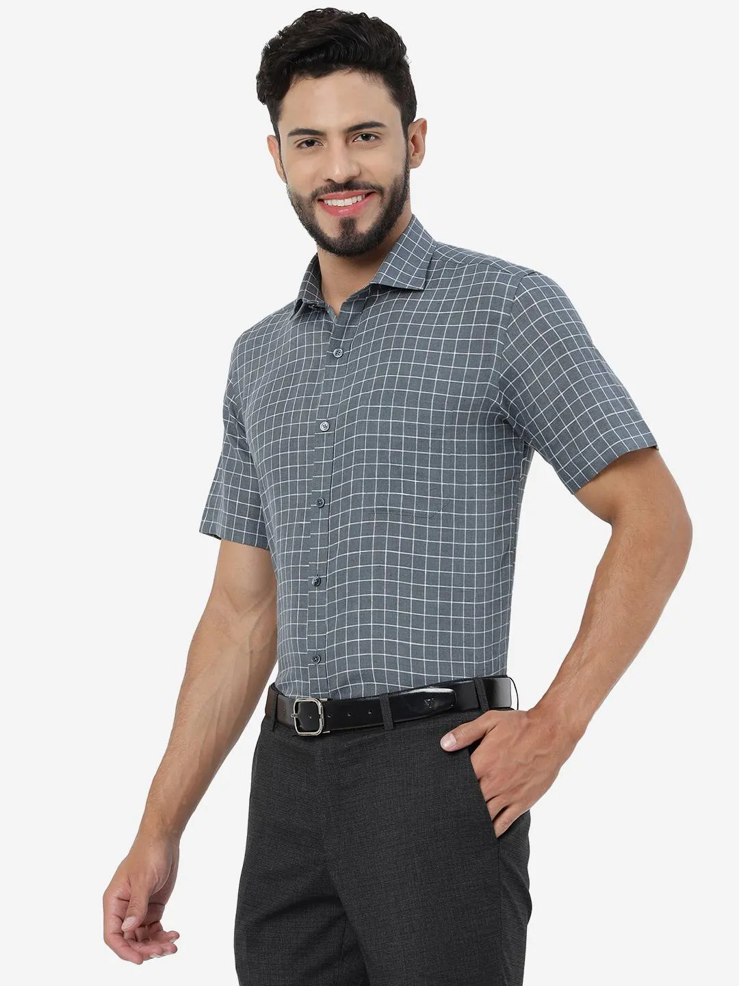 Grey Checked Regular Fit Formal Shirt | JadeBlue