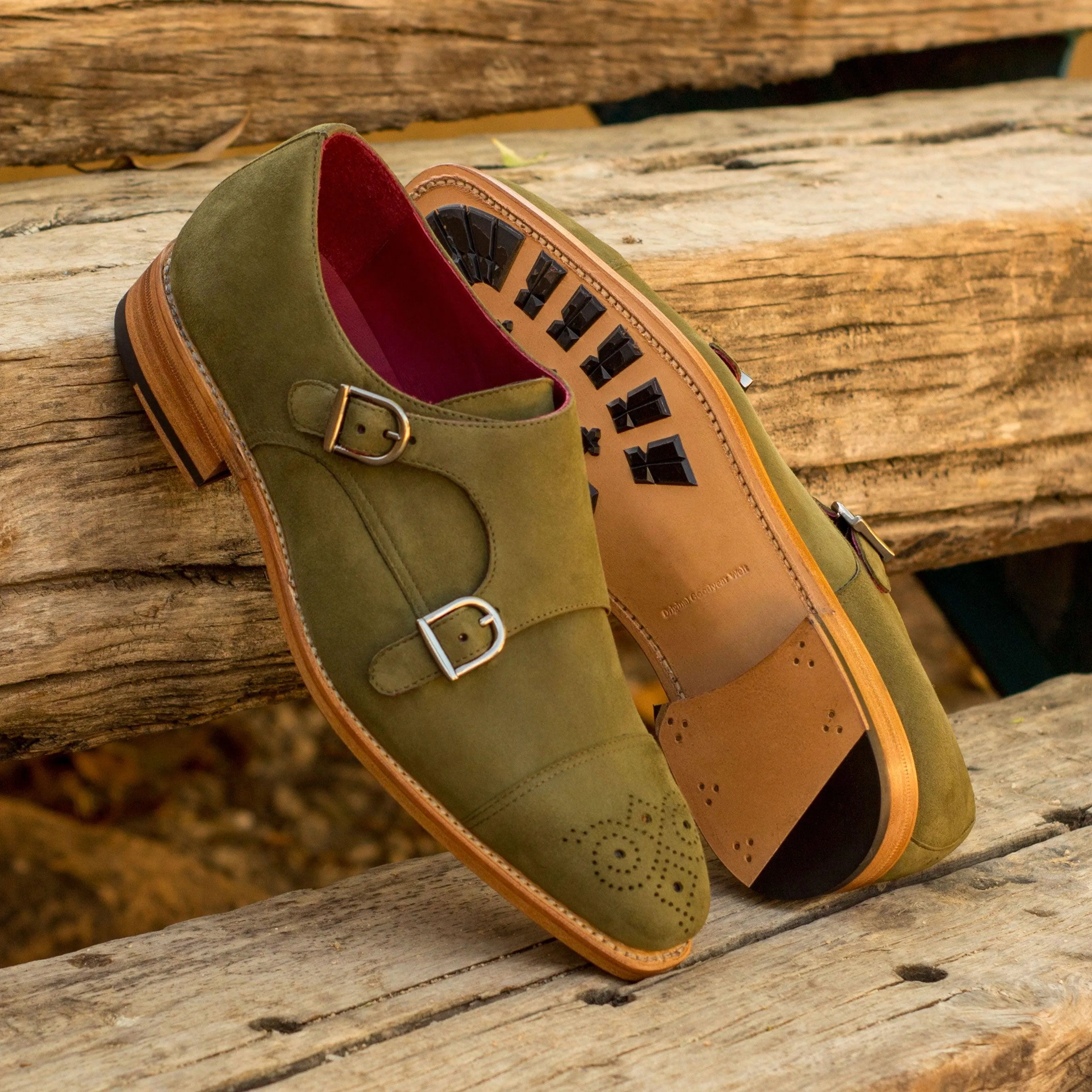 Khaki Green Suede Double Monk Shoes
