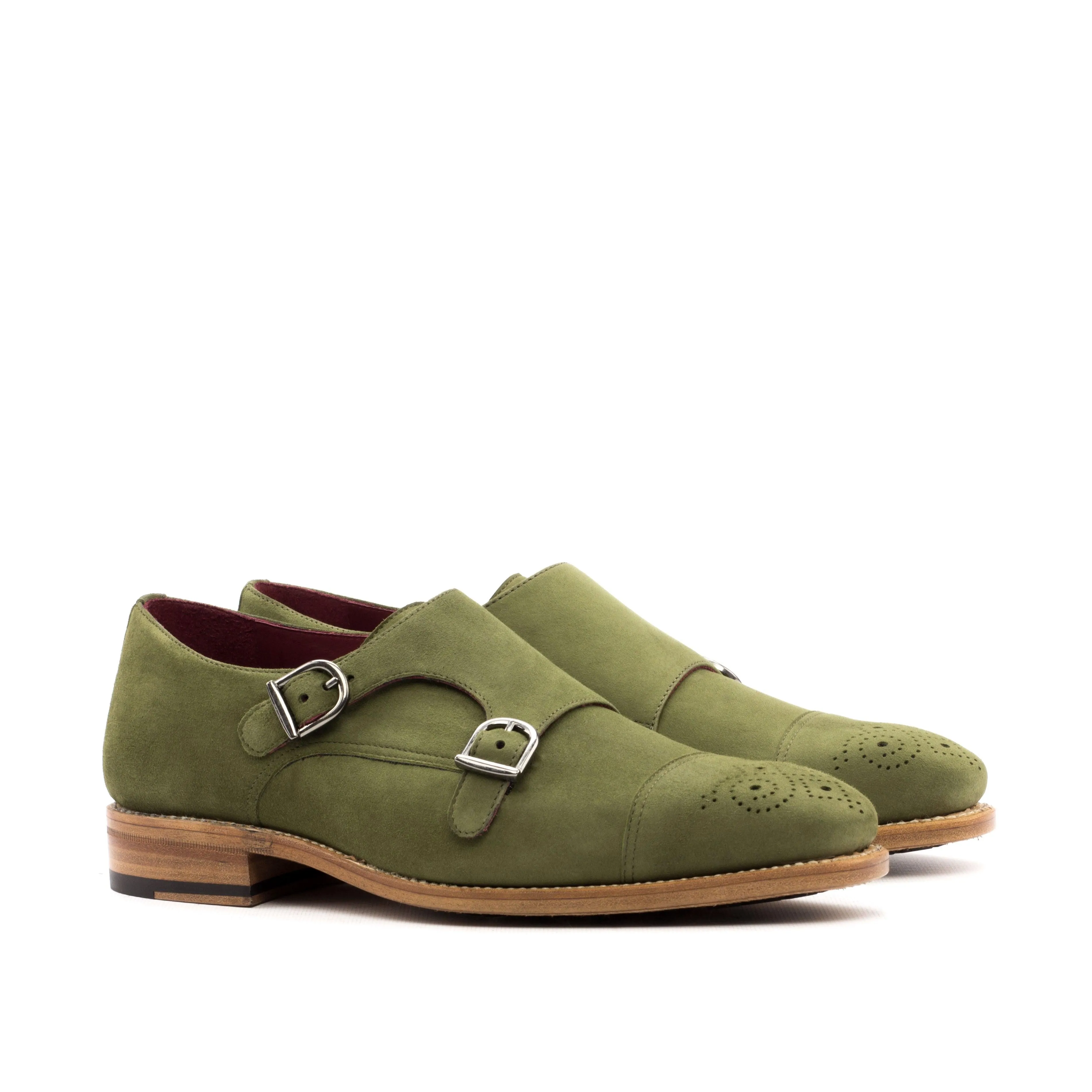 Khaki Green Suede Double Monk Shoes