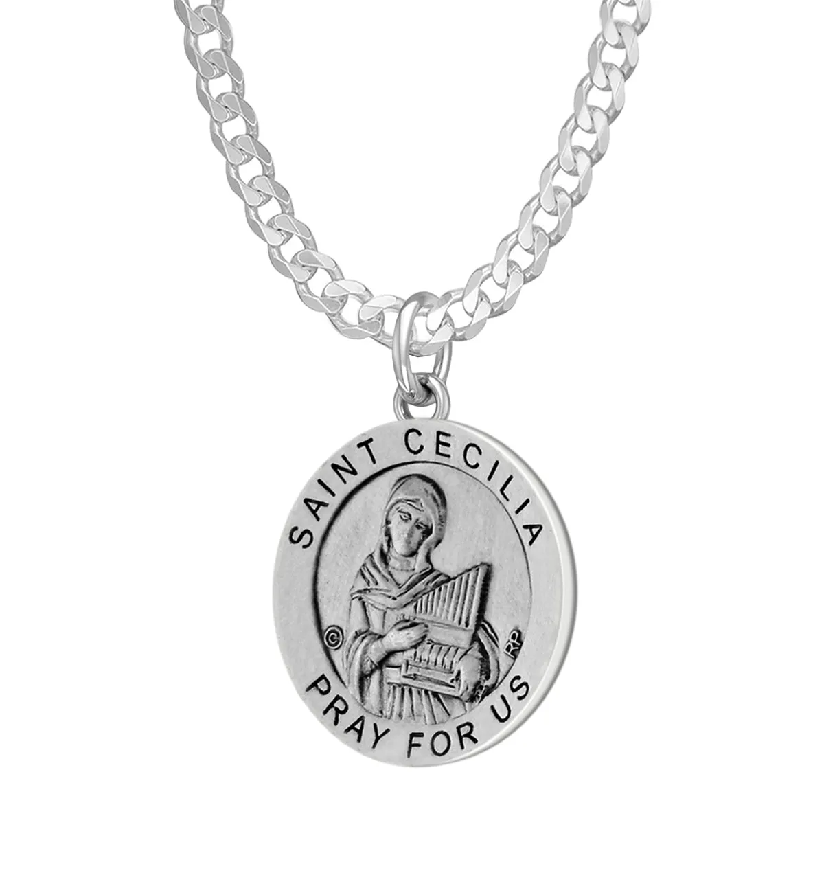 Ladies 925 Sterling Silver 18.5mm Antiqued Saint Cecilia Medal Pendant Necklace