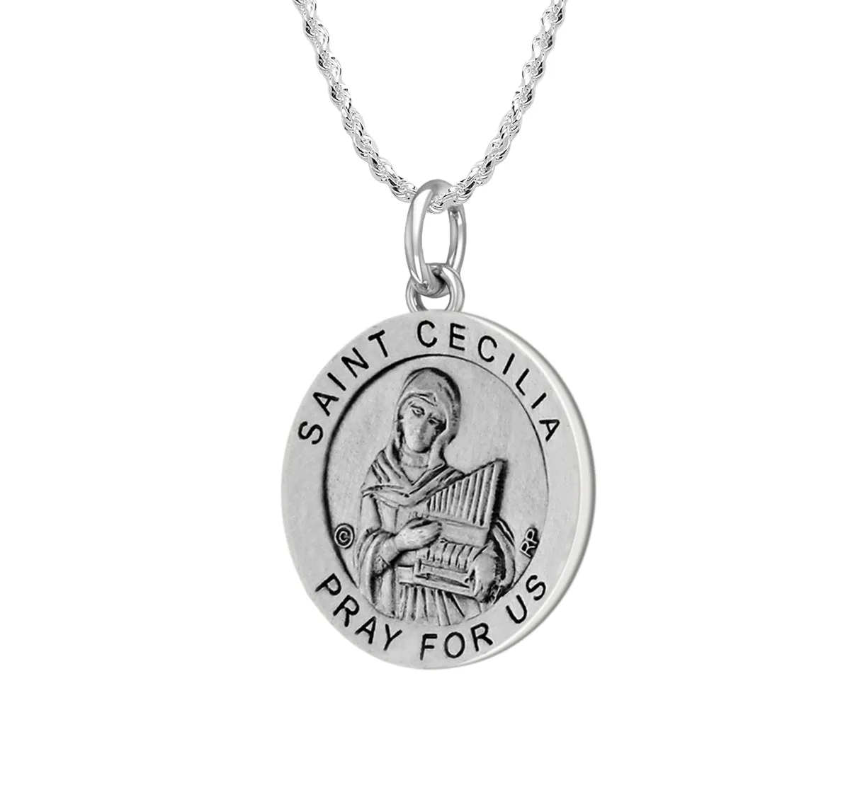 Ladies 925 Sterling Silver 18.5mm Antiqued Saint Cecilia Medal Pendant Necklace