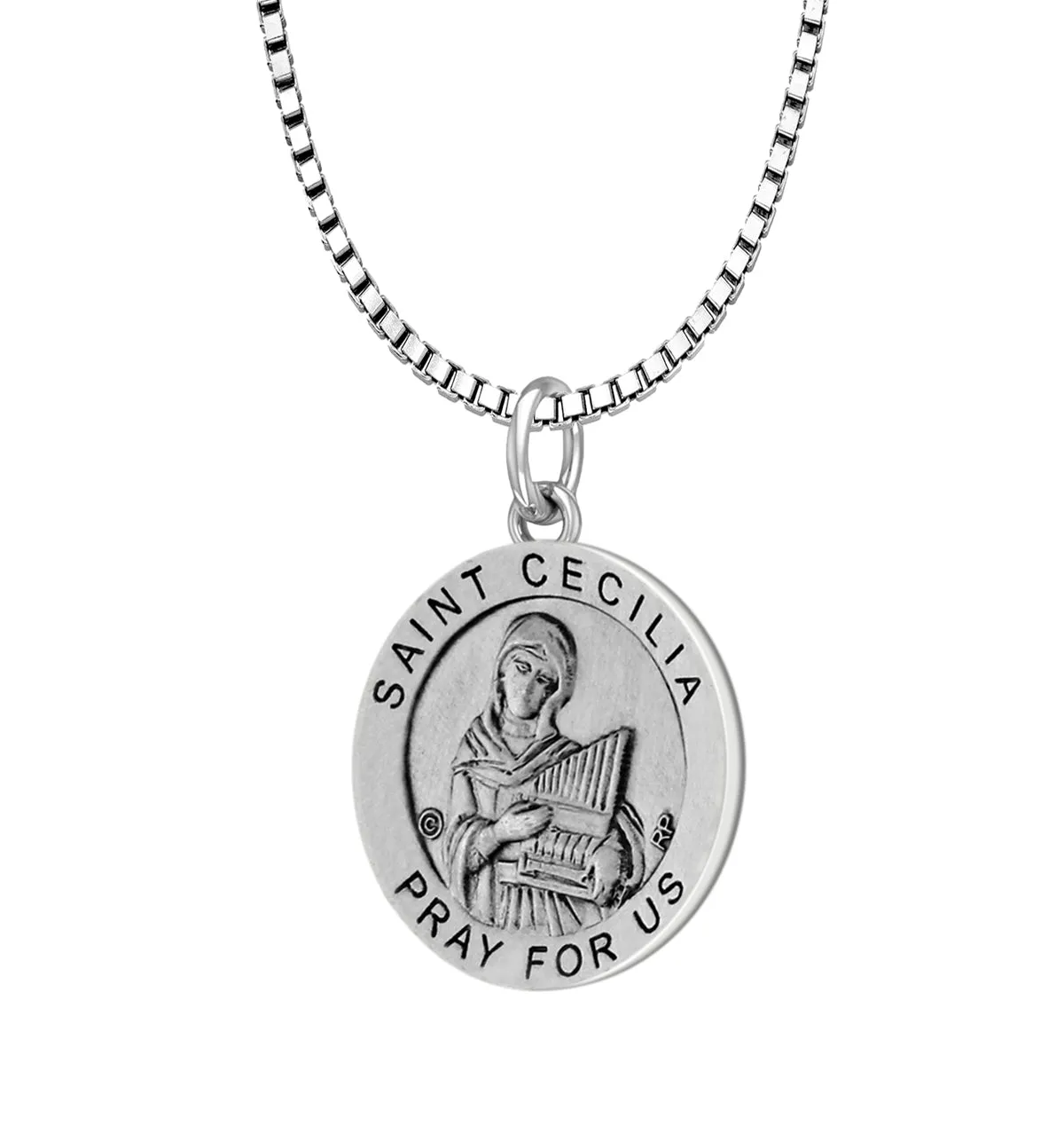 Ladies 925 Sterling Silver 18.5mm Antiqued Saint Cecilia Medal Pendant Necklace