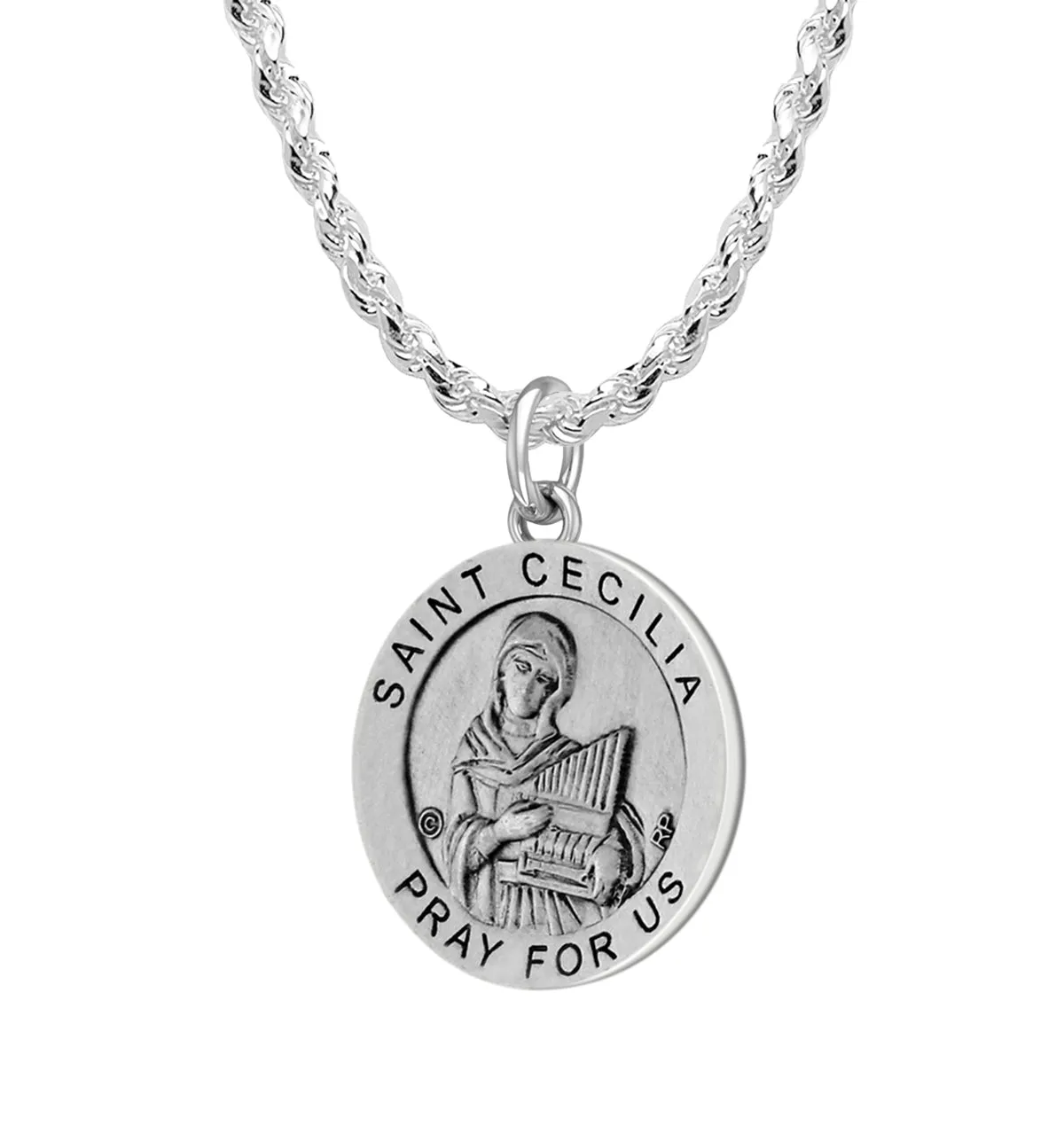 Ladies 925 Sterling Silver 18.5mm Antiqued Saint Cecilia Medal Pendant Necklace