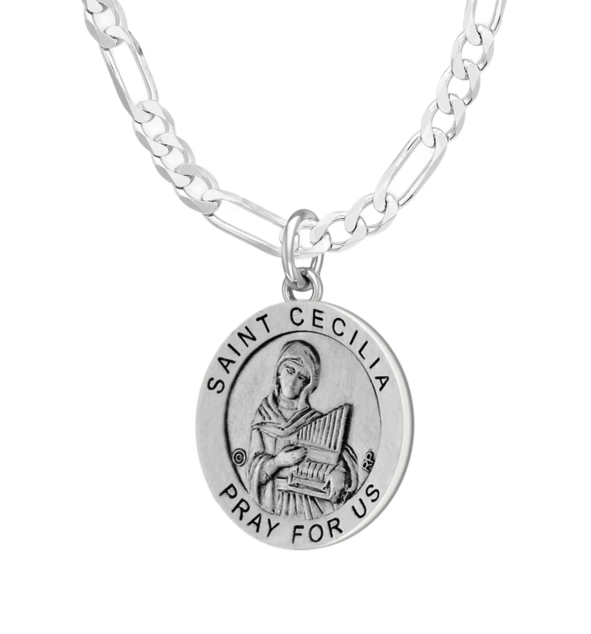 Ladies 925 Sterling Silver 18.5mm Antiqued Saint Cecilia Medal Pendant Necklace