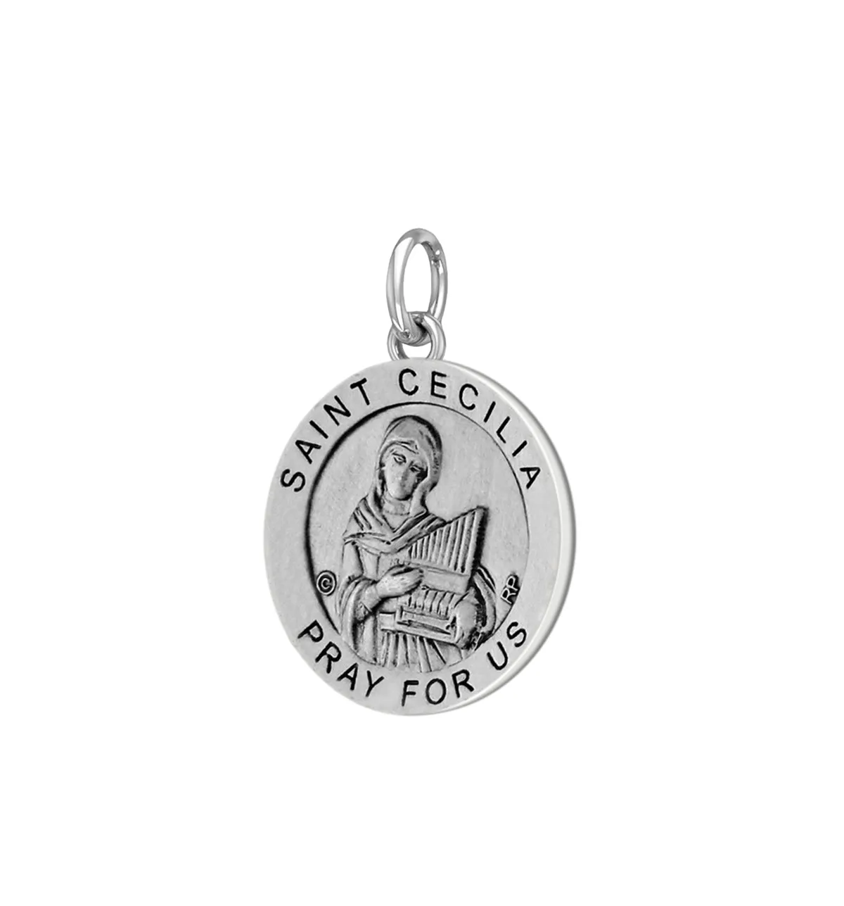 Ladies 925 Sterling Silver 18.5mm Antiqued Saint Cecilia Medal Pendant Necklace