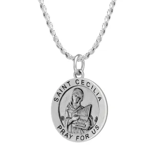 Ladies 925 Sterling Silver 18.5mm Antiqued Saint Cecilia Medal Pendant Necklace