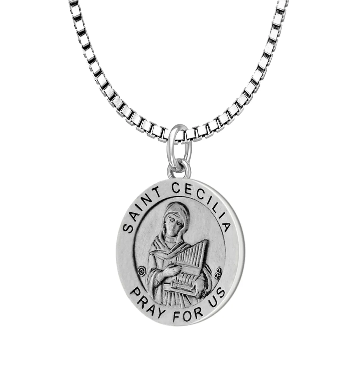 Ladies 925 Sterling Silver 18.5mm Antiqued Saint Cecilia Medal Pendant Necklace