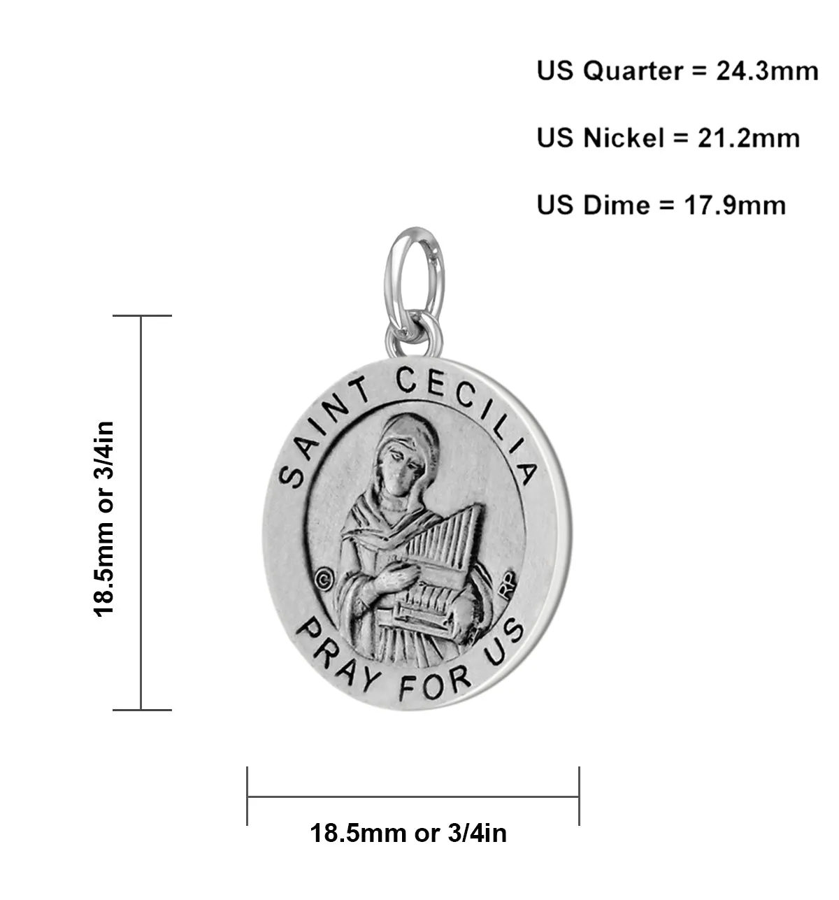 Ladies 925 Sterling Silver 18.5mm Antiqued Saint Cecilia Medal Pendant Necklace