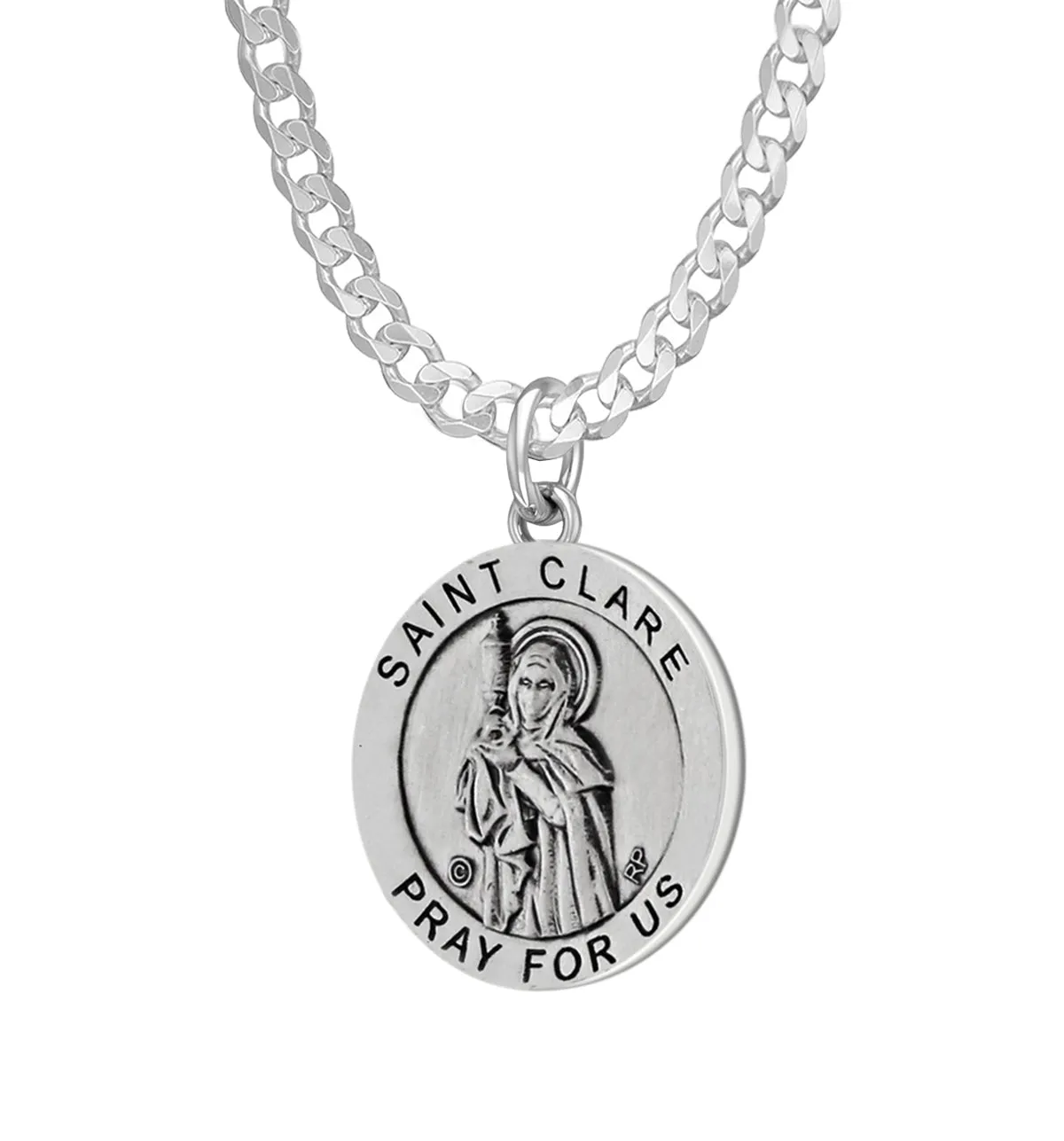 Ladies 925 Sterling Silver 18.5mm Antiqued Saint Clare Medal Pendant Necklace