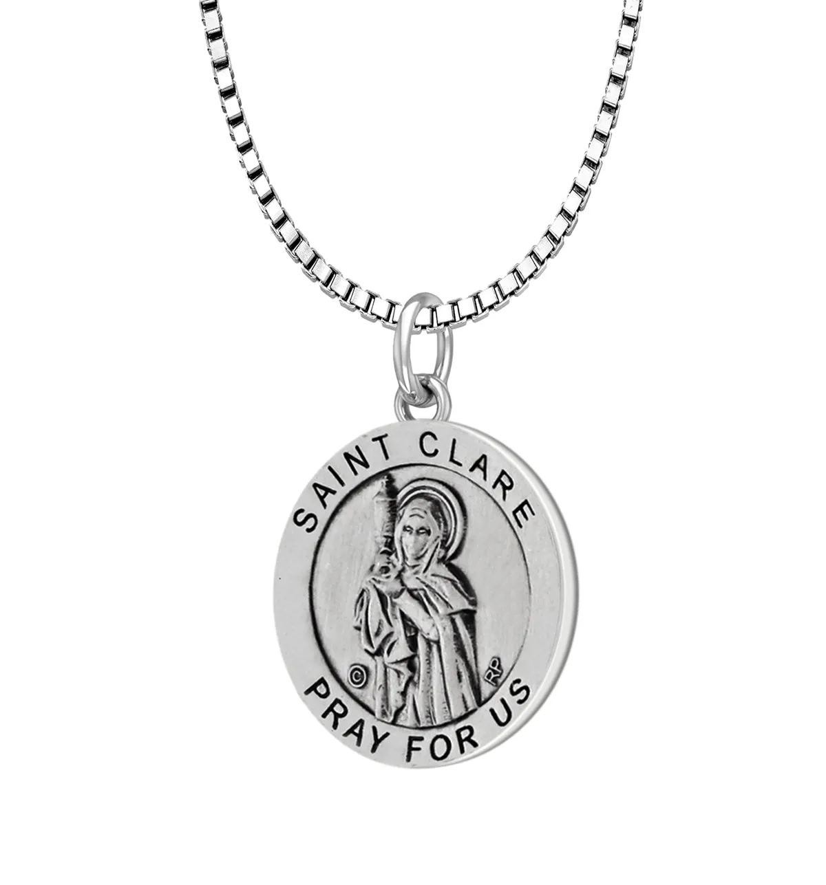 Ladies 925 Sterling Silver 18.5mm Antiqued Saint Clare Medal Pendant Necklace