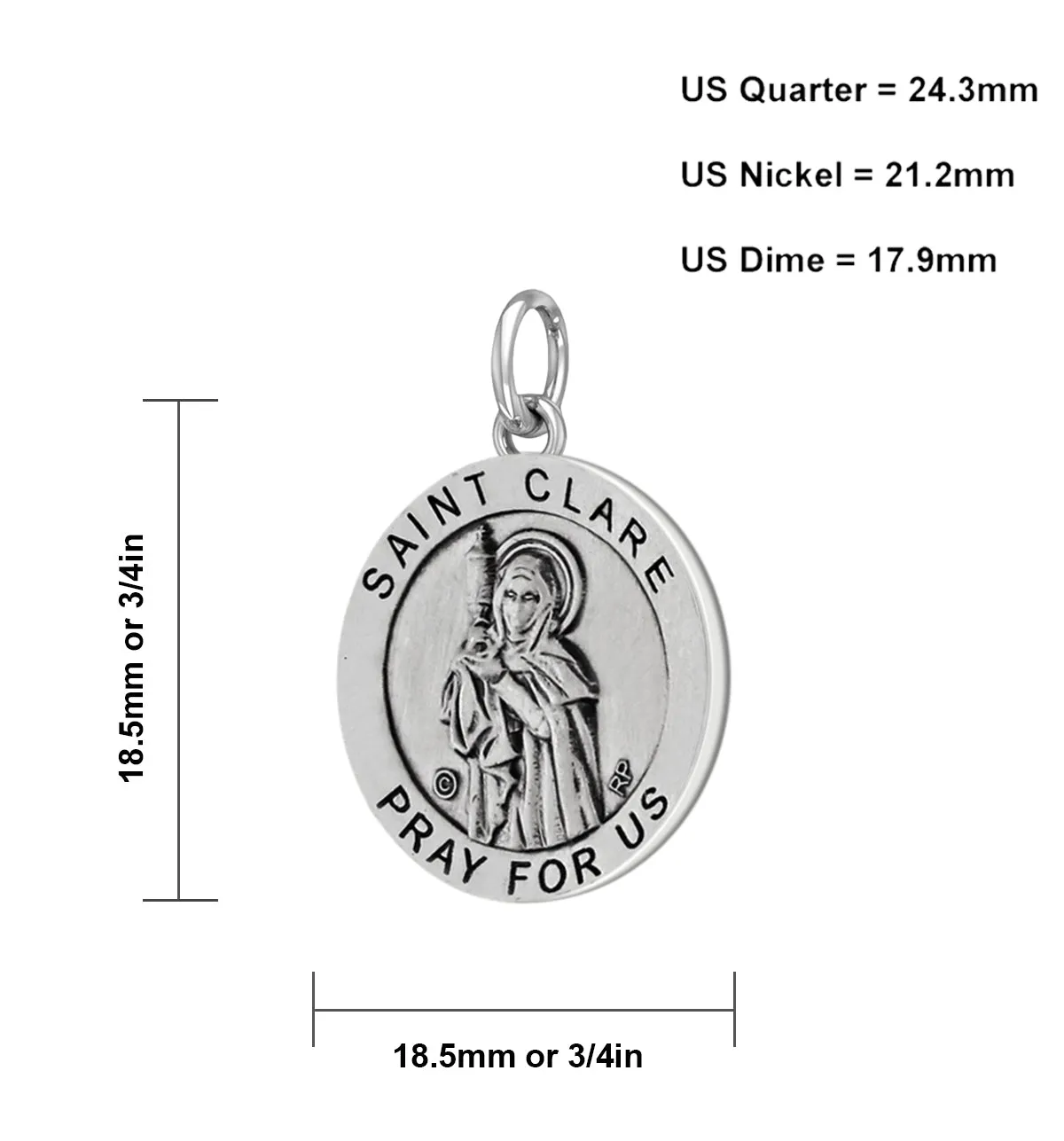 Ladies 925 Sterling Silver 18.5mm Antiqued Saint Clare Medal Pendant Necklace