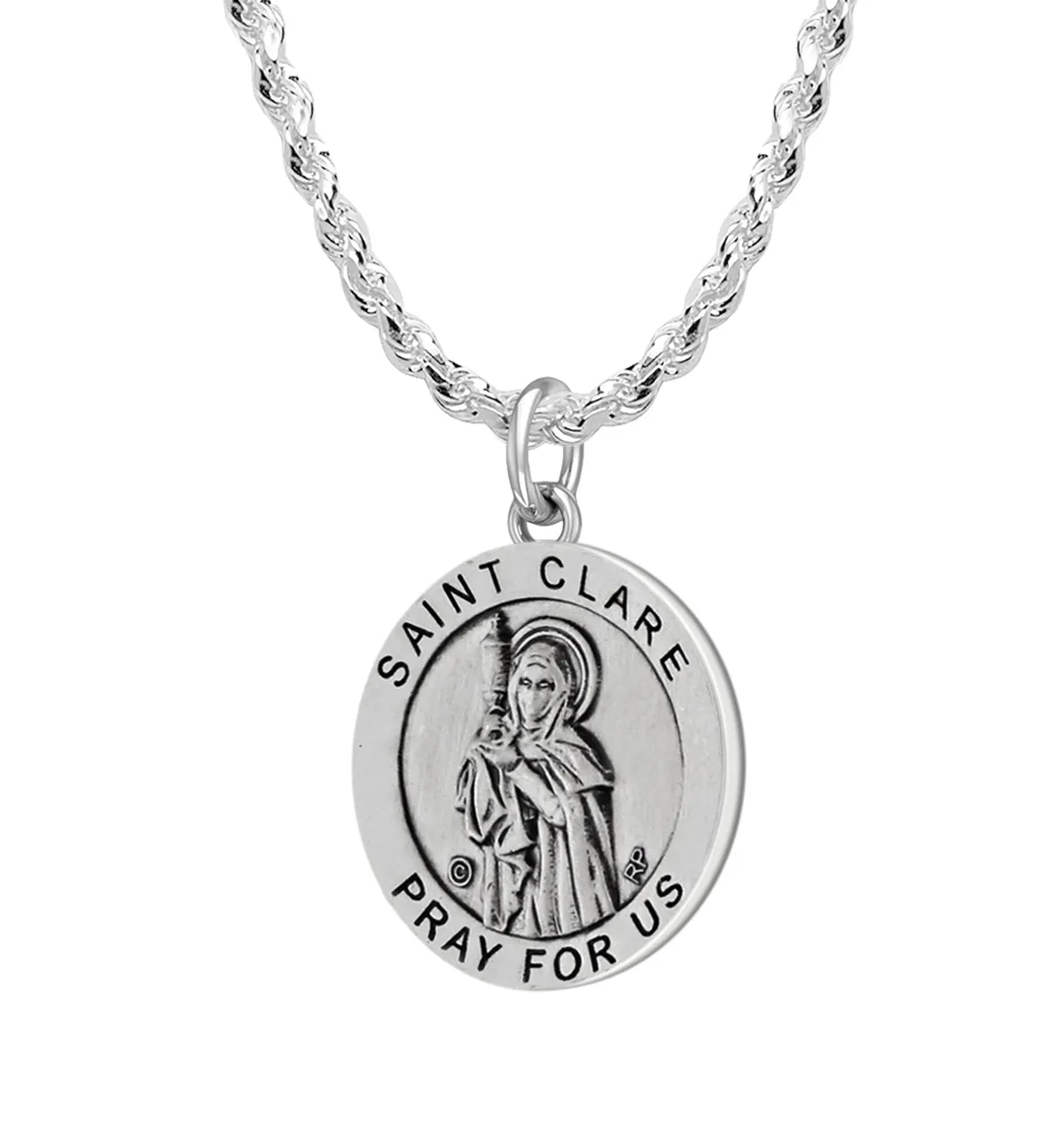 Ladies 925 Sterling Silver 18.5mm Antiqued Saint Clare Medal Pendant Necklace
