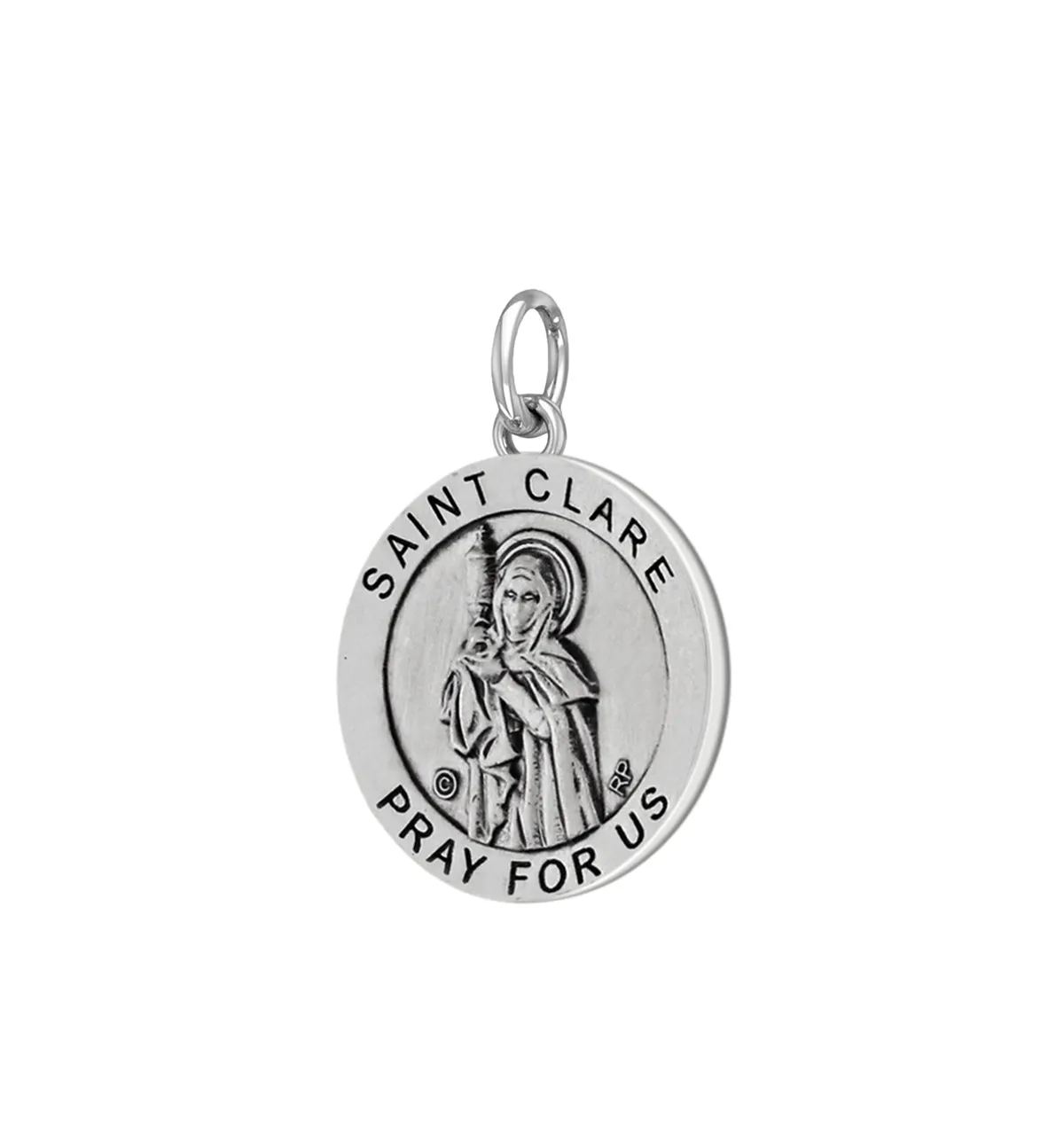 Ladies 925 Sterling Silver 18.5mm Antiqued Saint Clare Medal Pendant Necklace