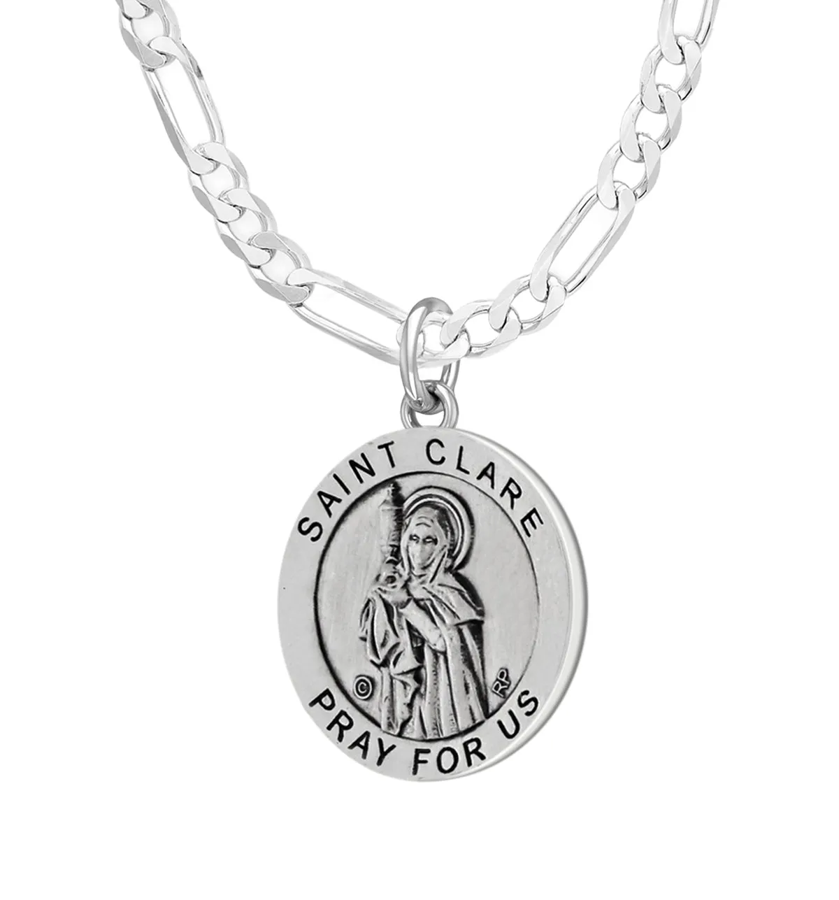 Ladies 925 Sterling Silver 18.5mm Antiqued Saint Clare Medal Pendant Necklace