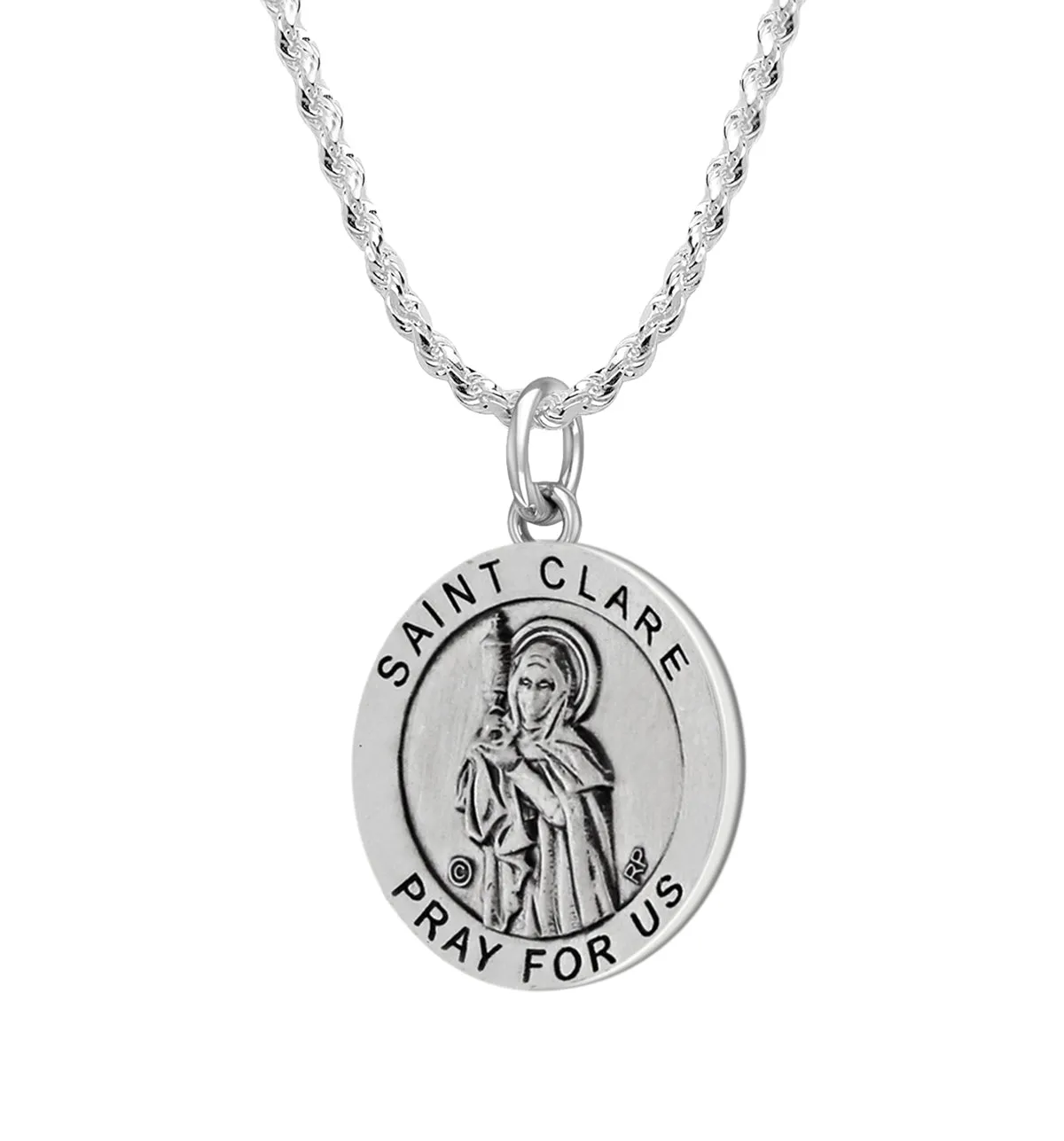 Ladies 925 Sterling Silver 18.5mm Antiqued Saint Clare Medal Pendant Necklace