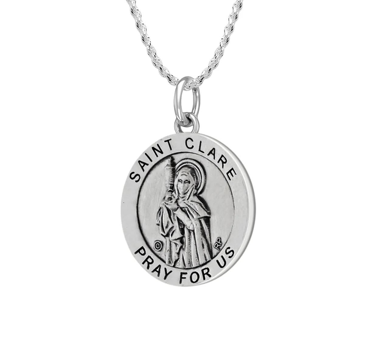 Ladies 925 Sterling Silver 18.5mm Antiqued Saint Clare Medal Pendant Necklace