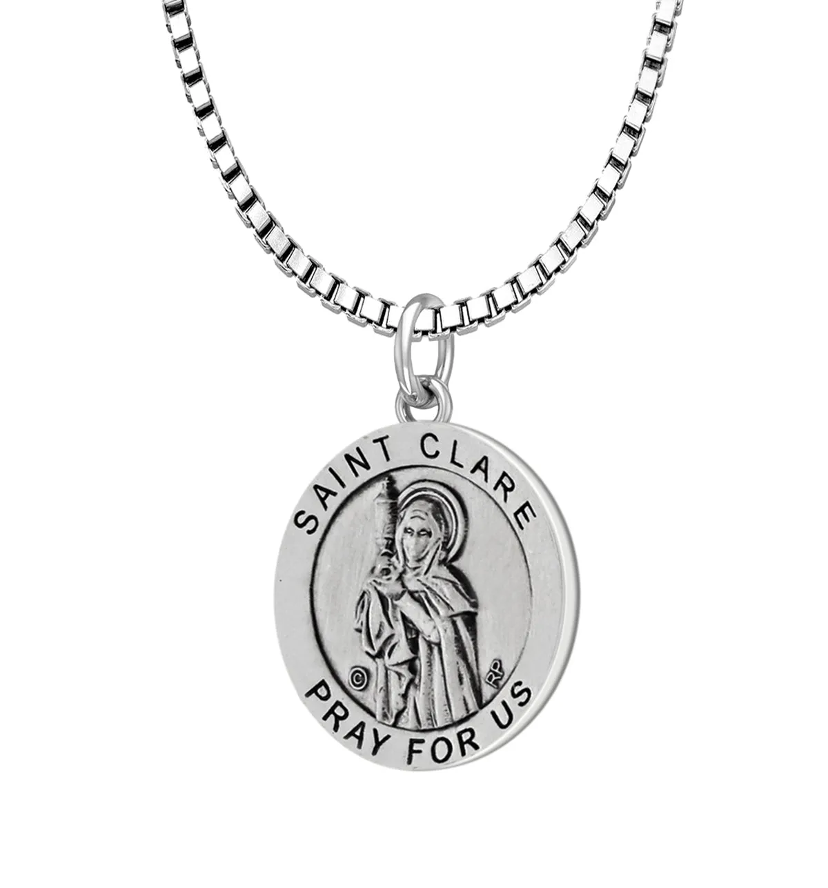 Ladies 925 Sterling Silver 18.5mm Antiqued Saint Clare Medal Pendant Necklace