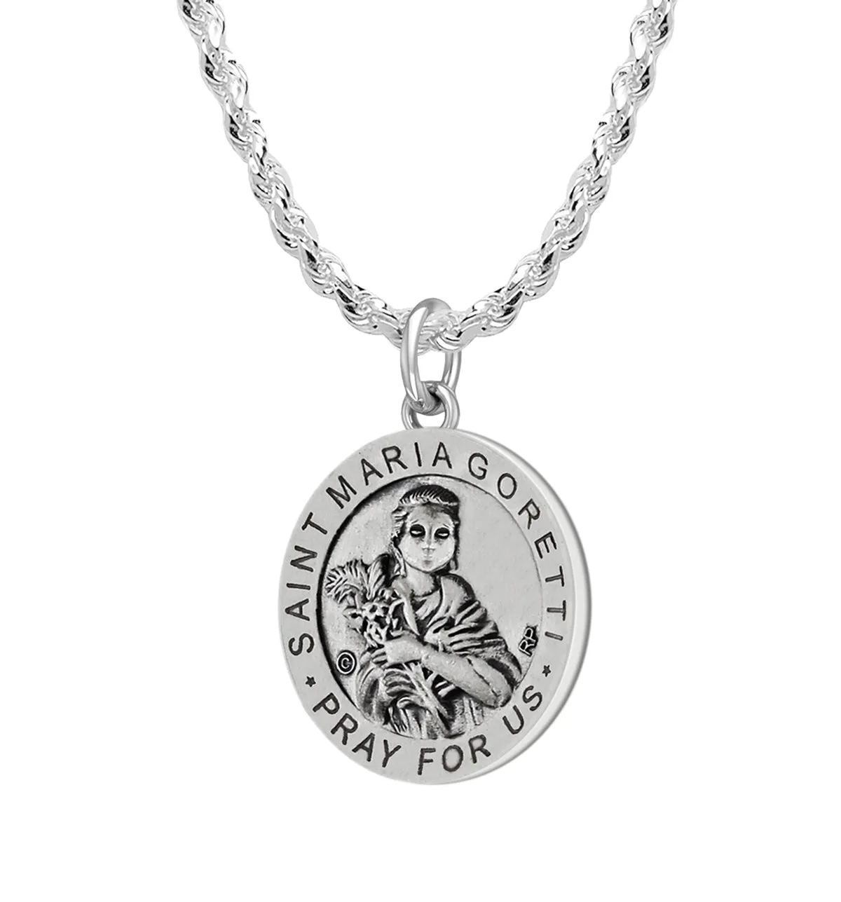 Ladies 925 Sterling Silver 18.5mm Antiqued Saint Maria Goretti Medal Pendant Necklace