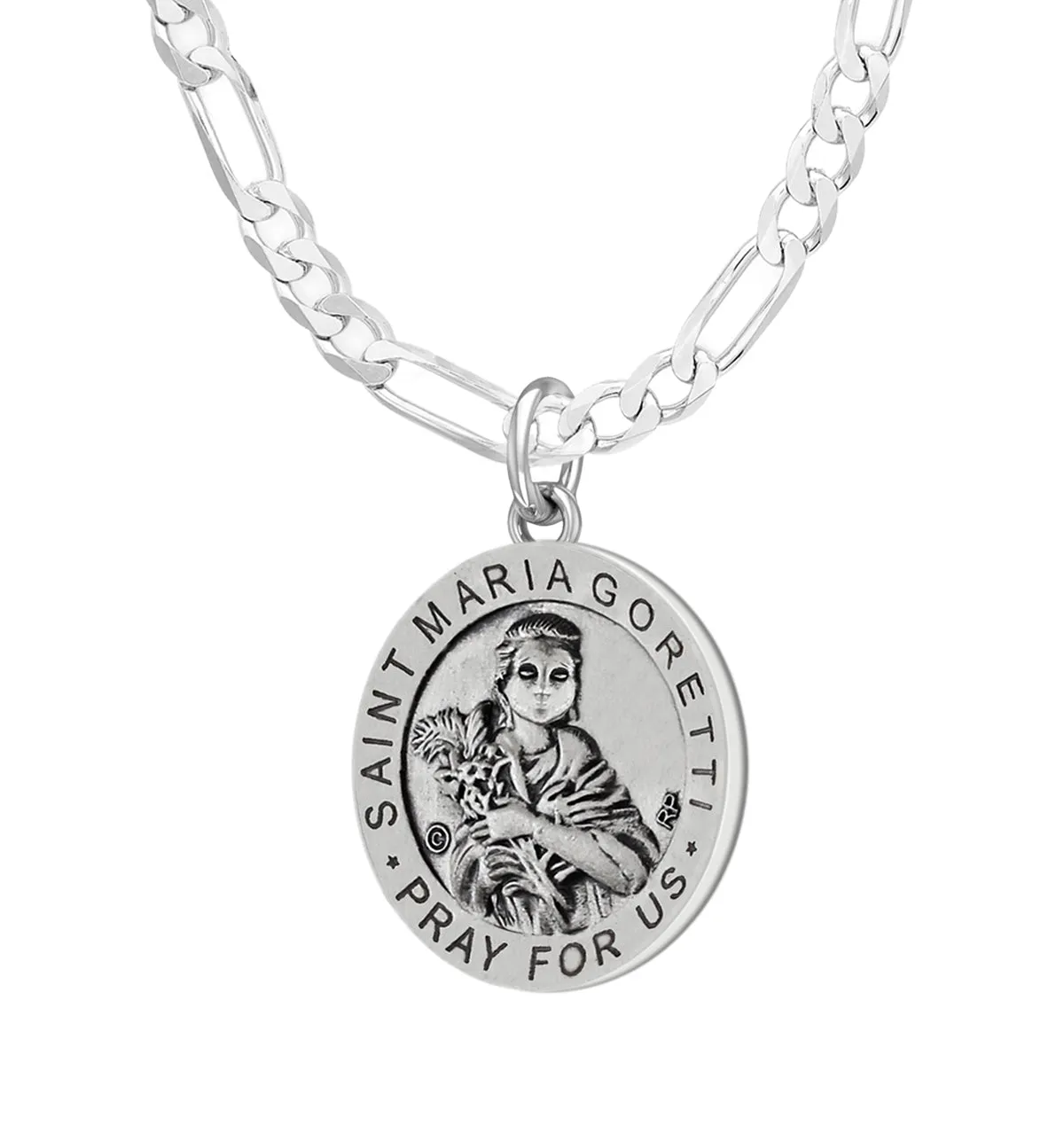 Ladies 925 Sterling Silver 18.5mm Antiqued Saint Maria Goretti Medal Pendant Necklace