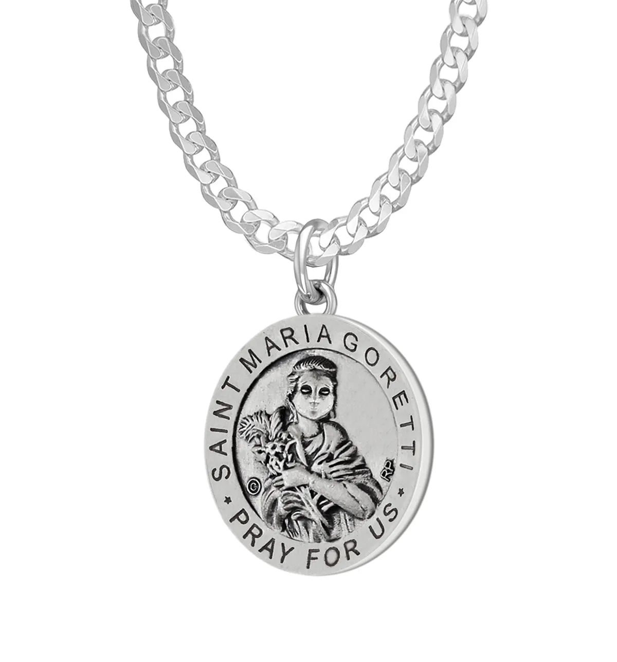 Ladies 925 Sterling Silver 18.5mm Antiqued Saint Maria Goretti Medal Pendant Necklace