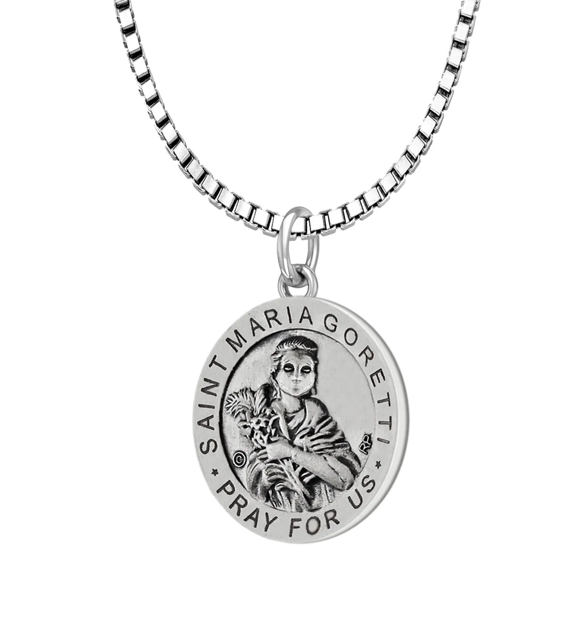 Ladies 925 Sterling Silver 18.5mm Antiqued Saint Maria Goretti Medal Pendant Necklace