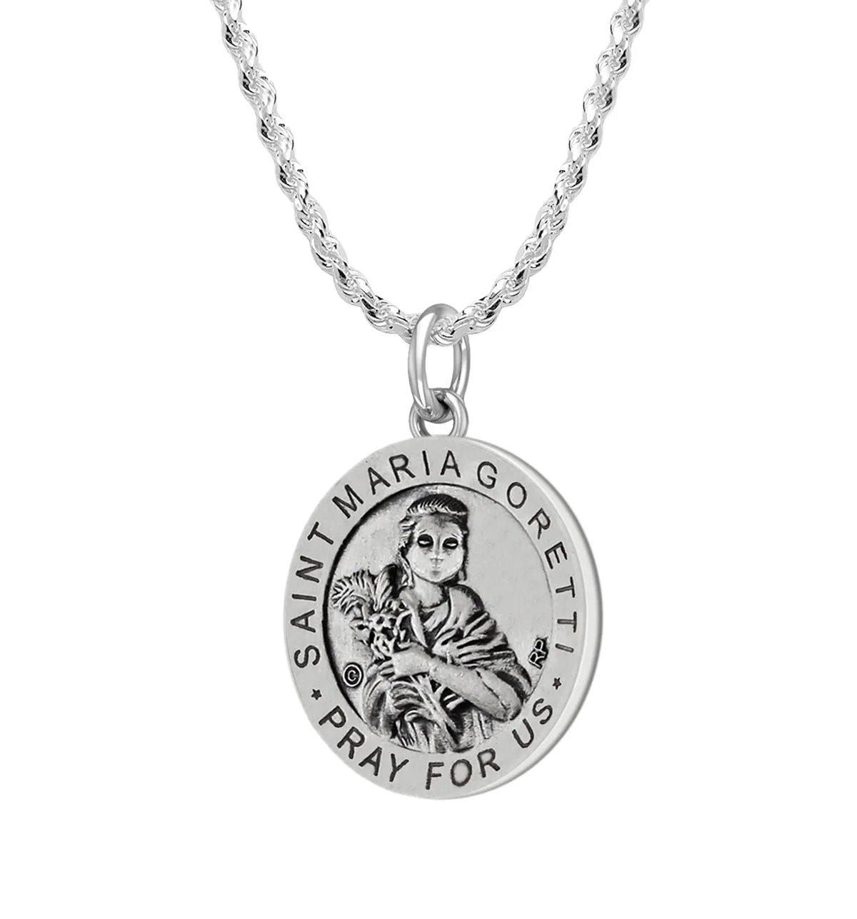 Ladies 925 Sterling Silver 18.5mm Antiqued Saint Maria Goretti Medal Pendant Necklace
