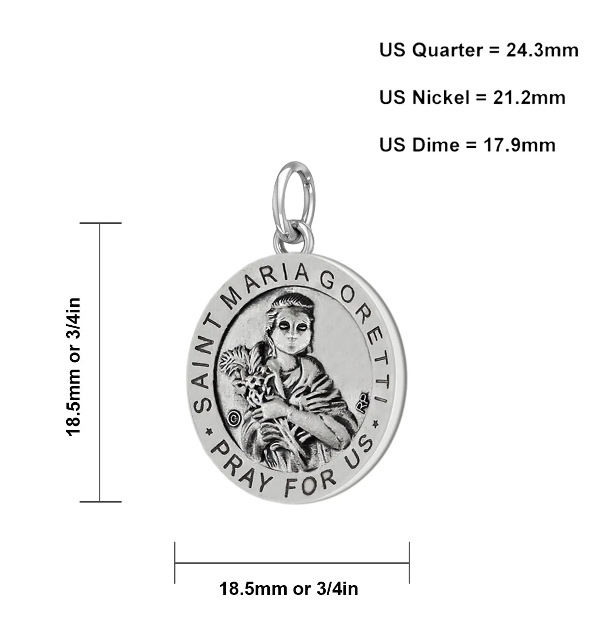 Ladies 925 Sterling Silver 18.5mm Antiqued Saint Maria Goretti Medal Pendant Necklace