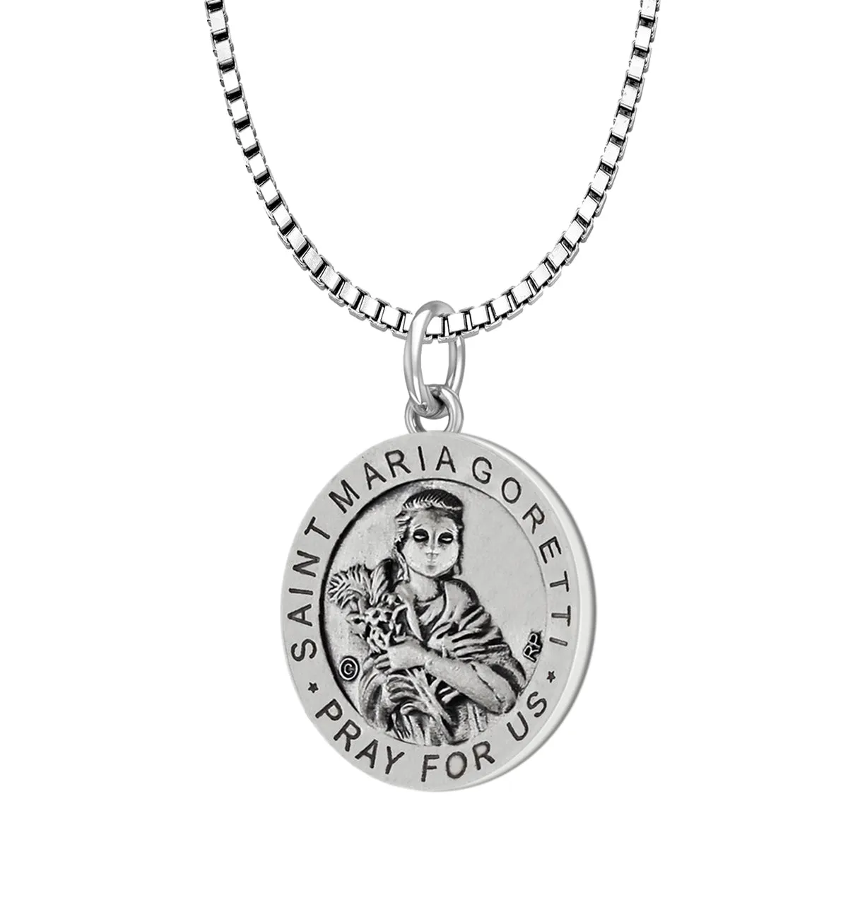 Ladies 925 Sterling Silver 18.5mm Antiqued Saint Maria Goretti Medal Pendant Necklace