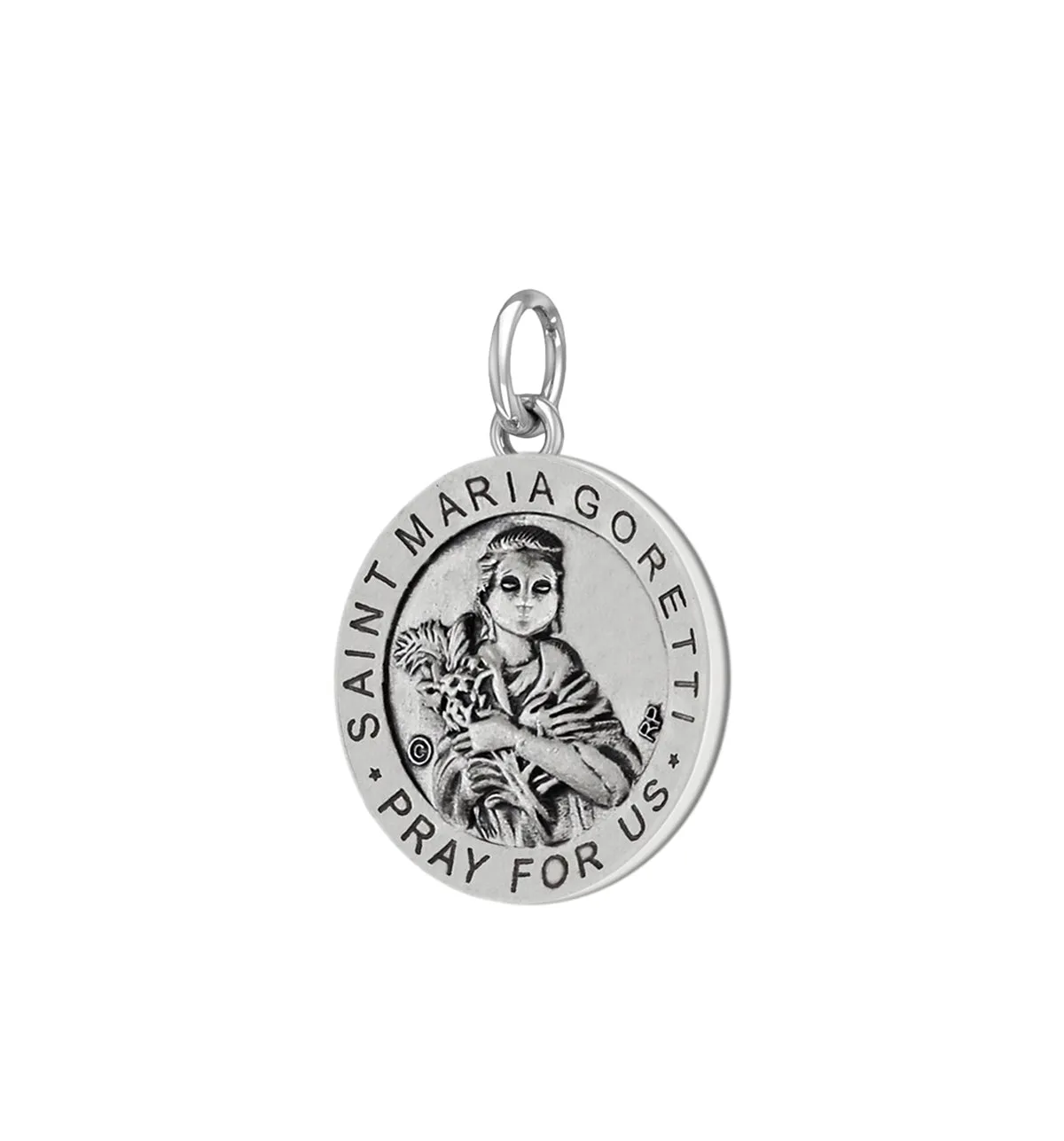 Ladies 925 Sterling Silver 18.5mm Antiqued Saint Maria Goretti Medal Pendant Necklace