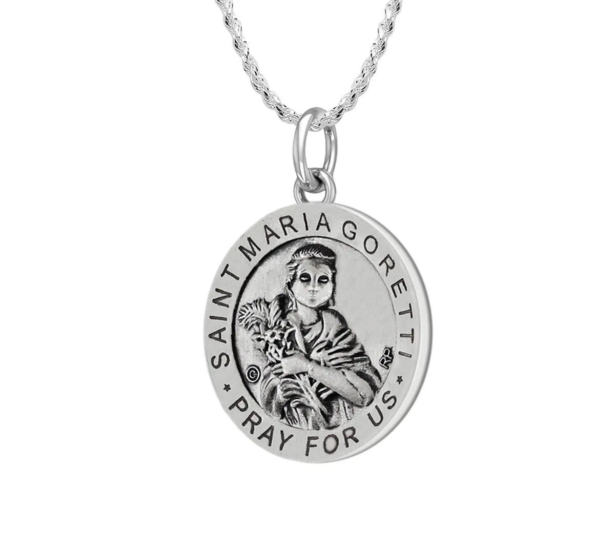 Ladies 925 Sterling Silver 18.5mm Antiqued Saint Maria Goretti Medal Pendant Necklace