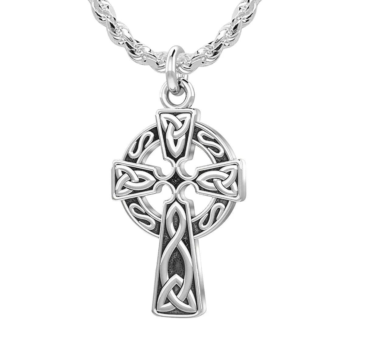 Ladies 925 Sterling Silver 25mm Irish Celtic Knot Cross Pendant Necklace