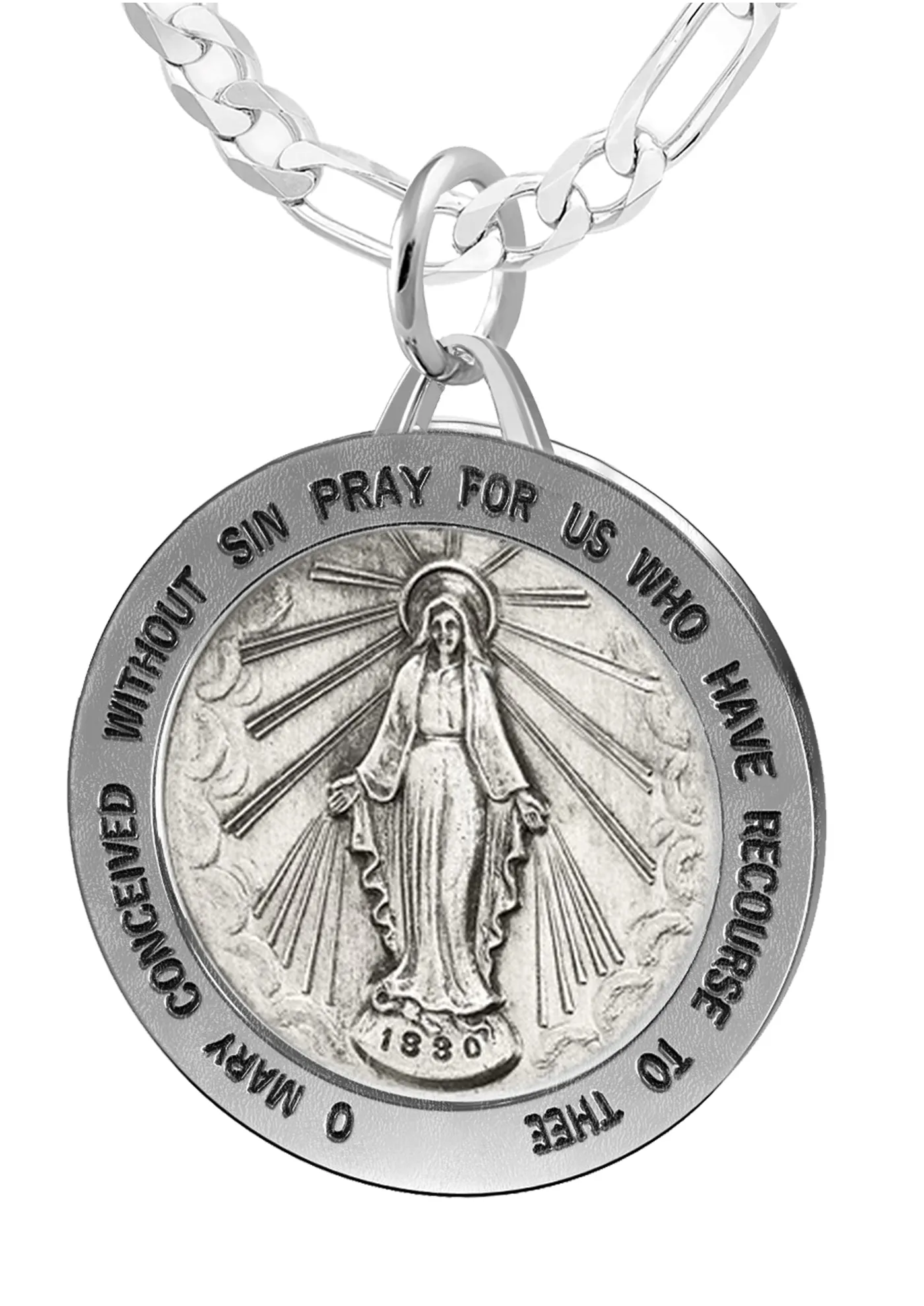 Ladies 925 Sterling Silver Large Miraculous Virgin Mary Antiqued Pendant Necklace, 25mm