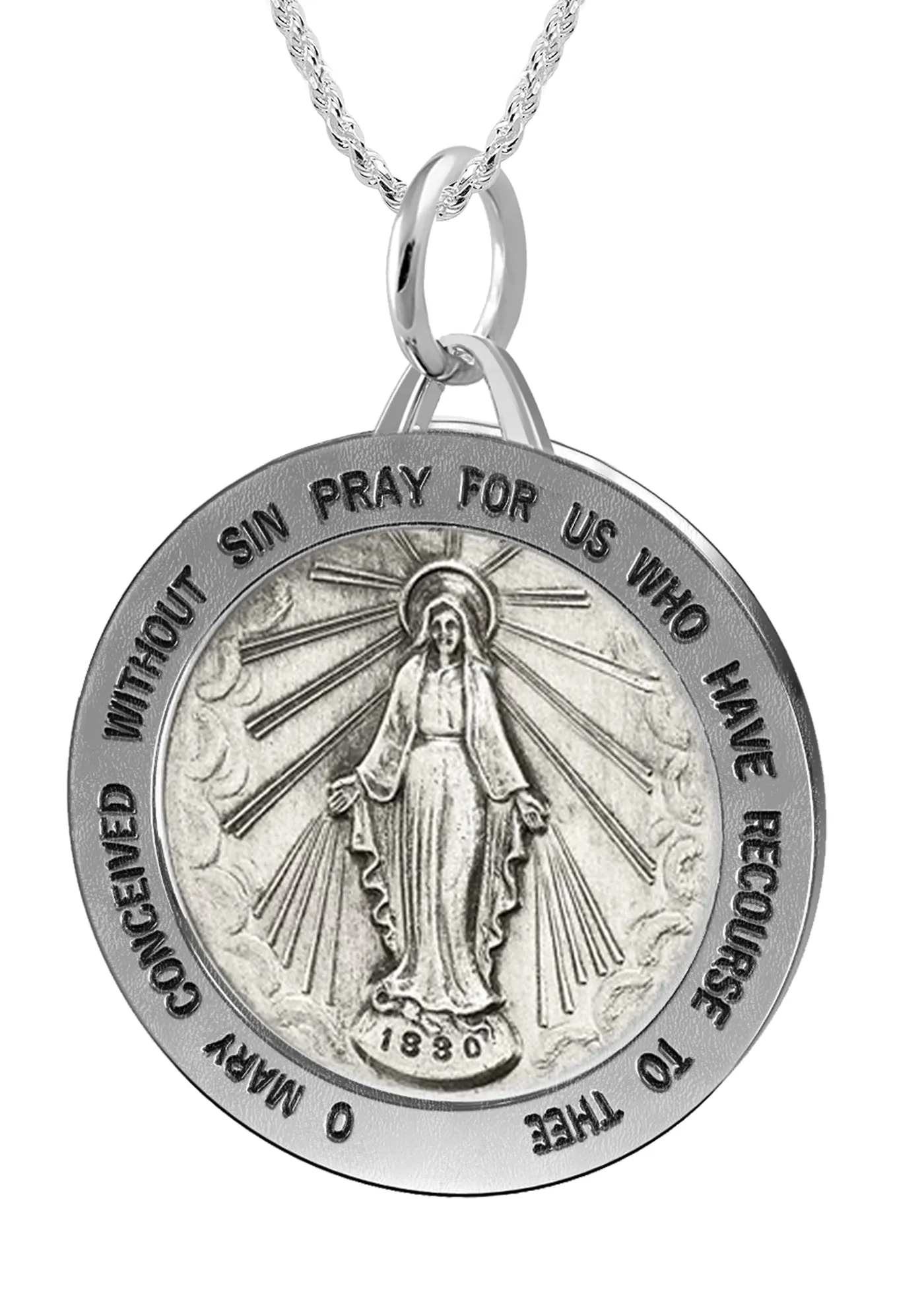 Ladies 925 Sterling Silver Large Miraculous Virgin Mary Antiqued Pendant Necklace, 25mm